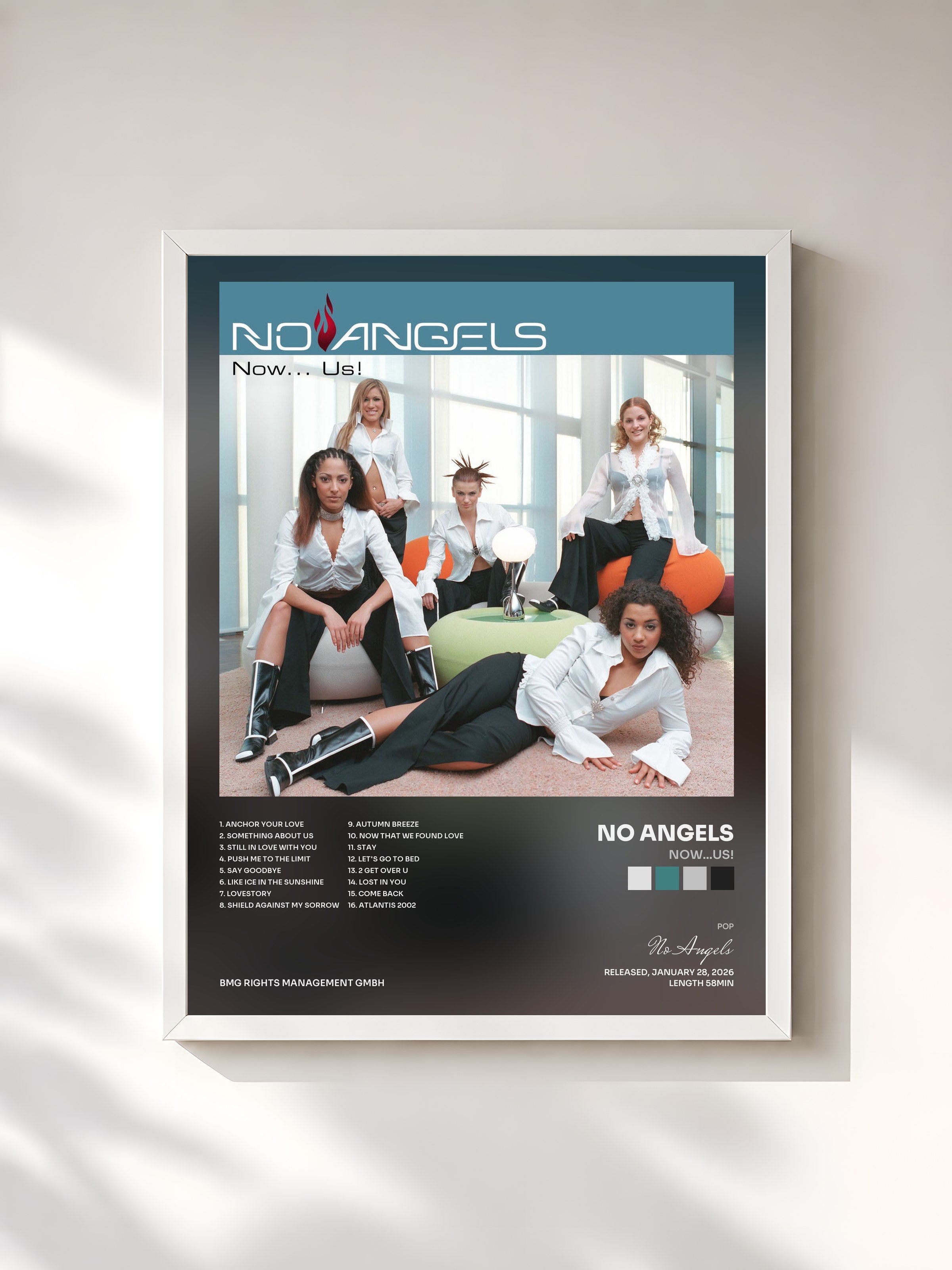 #blanc Tableau de l'album Now...US! de No Angels, cadre blanc, imprimé et encadré en France