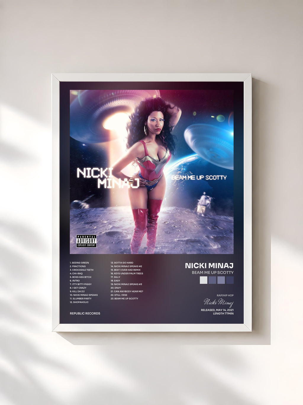 #blanc Tableau de l'album Beam Me Up Scotty de Nicki Minaj, cadre blanc, imprimé et encadré en France