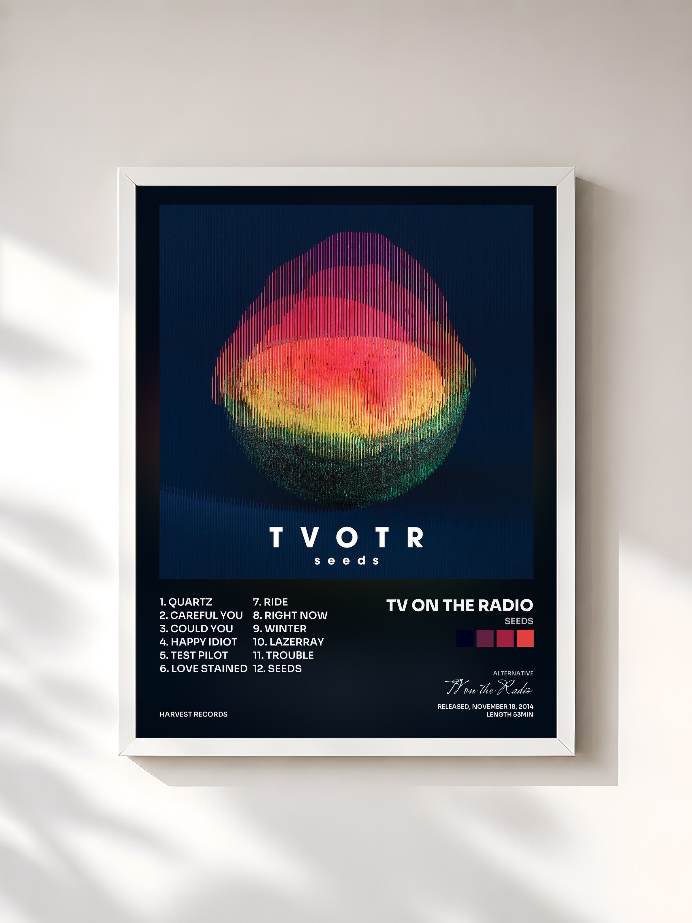 #blanc Tableau de l'album Seeds de TV on the Radio, cadre blanc, imprimé et encadré en France