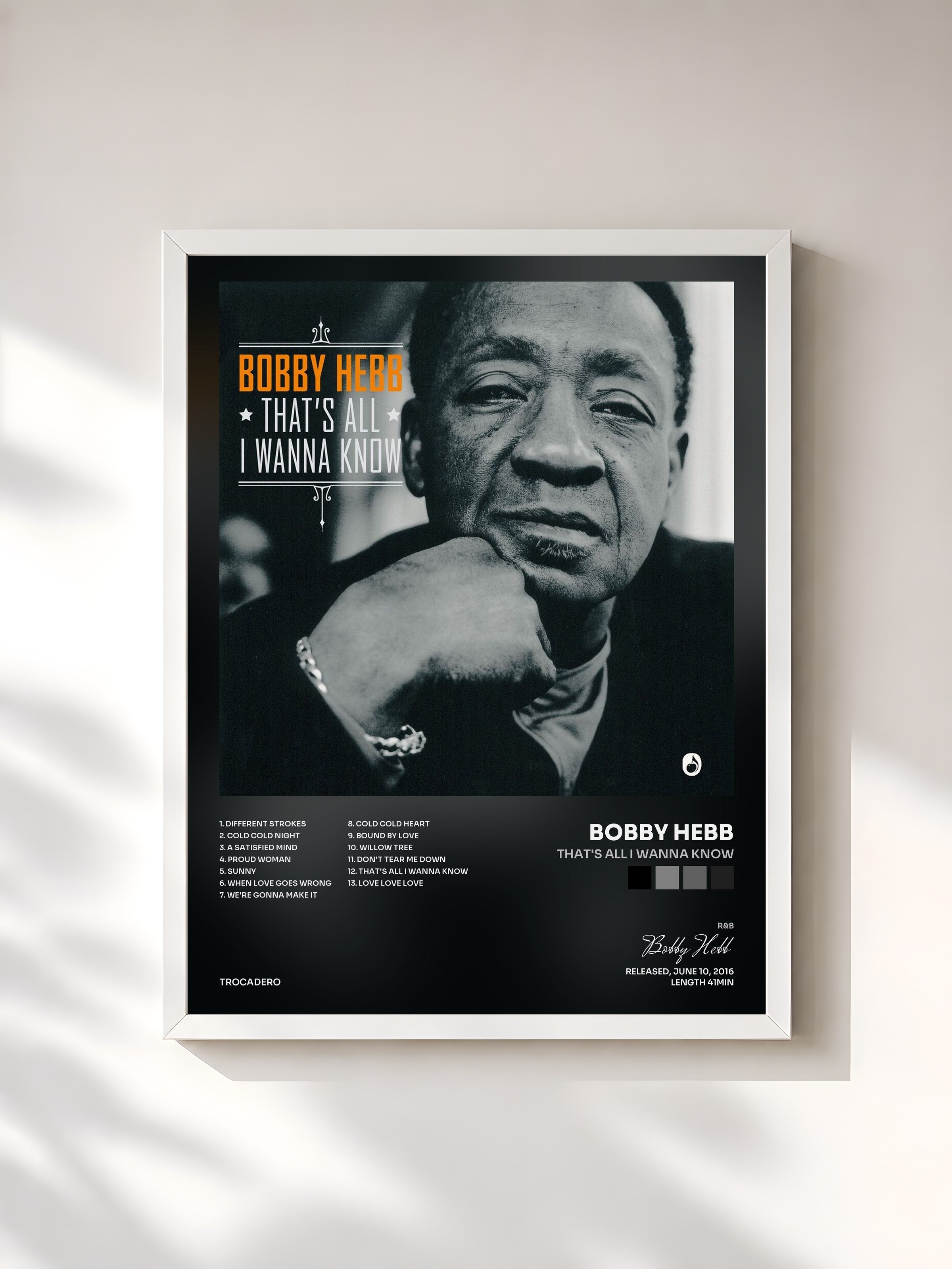 #blanc Tableau de l'album That's All I Wanna Know de Bobby Hebb, cadre blanc, imprimé et encadré en France