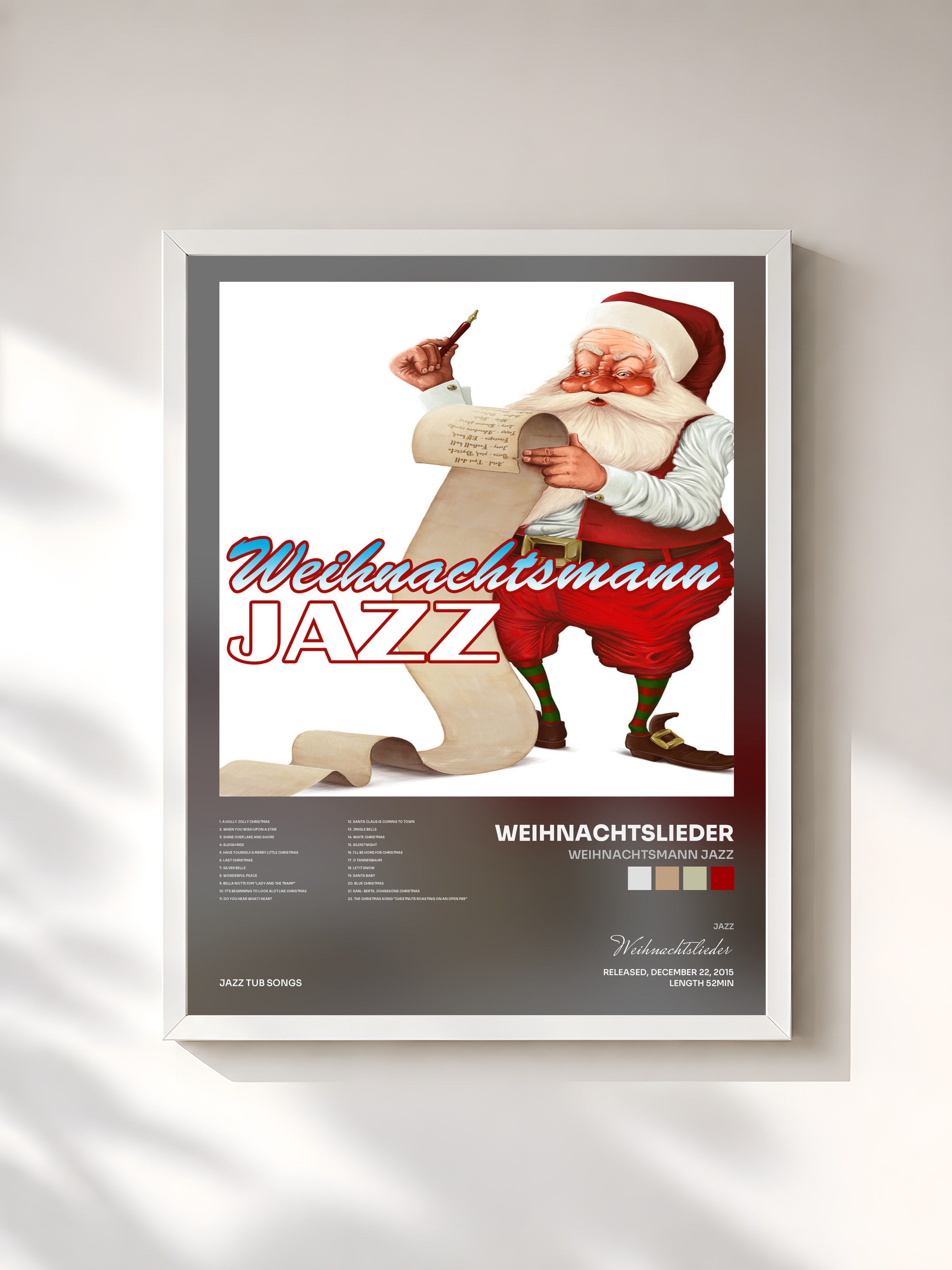 #blanc Tableau de l'album Weihnachtsmann Jazz de Weihnachtslieder, cadre blanc, imprimé et encadré en France