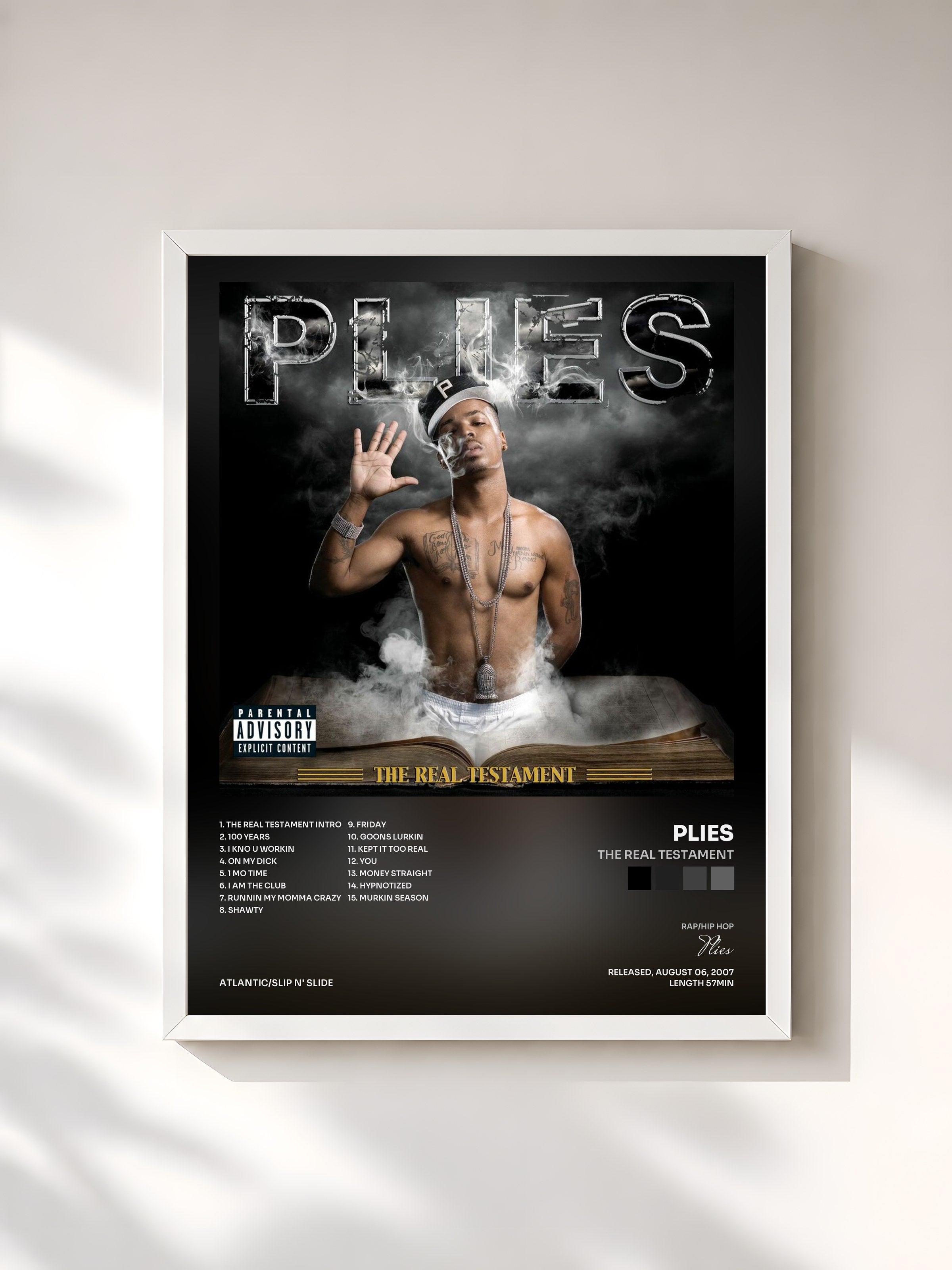 #blanc Tableau de l'album The Real Testament de Plies, cadre blanc, imprimé et encadré en France