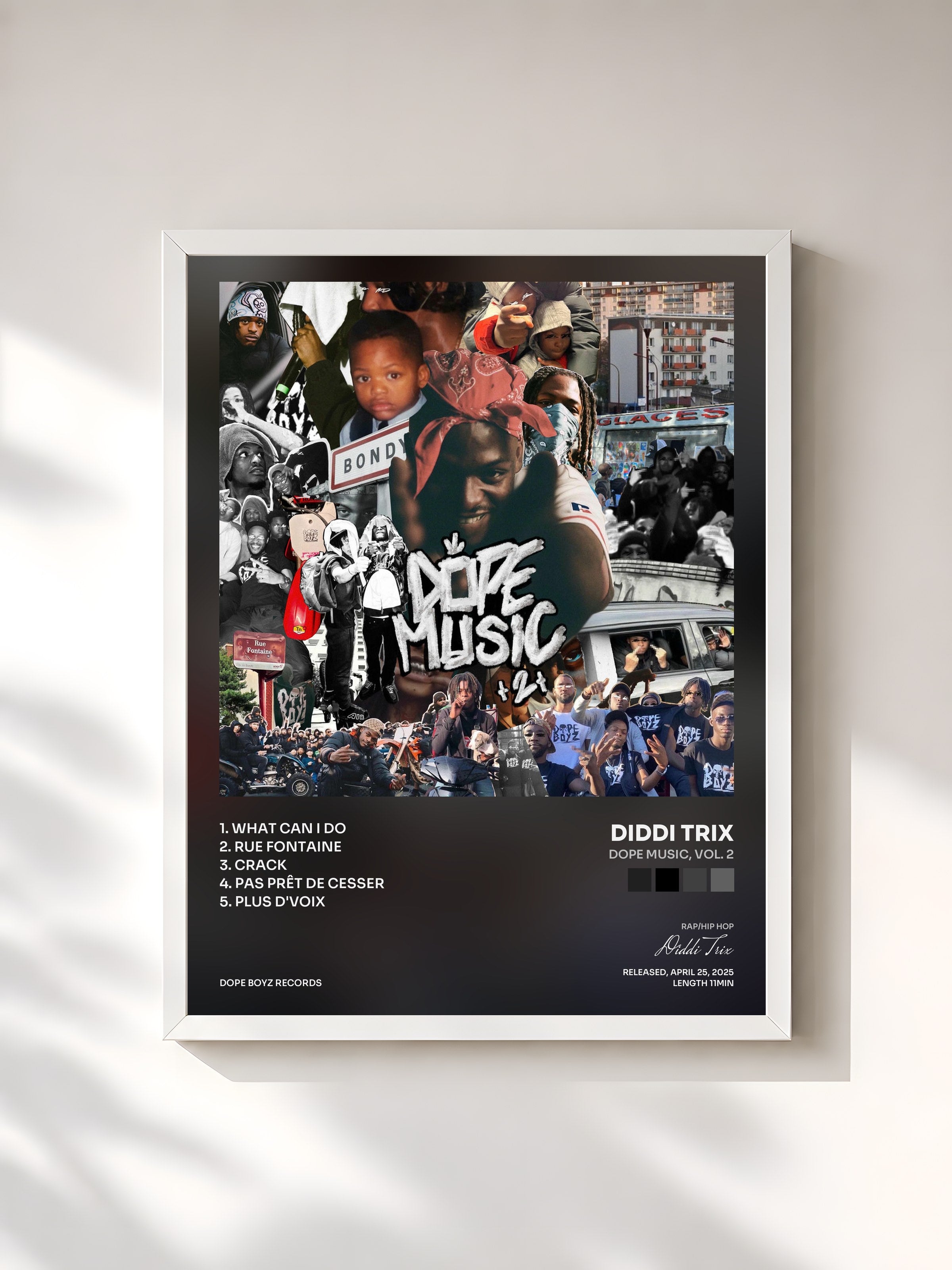#blanc Tableau de l'album DOPE MUSIC, Vol. 2 de Diddi Trix, cadre blanc, imprimé et encadré en France