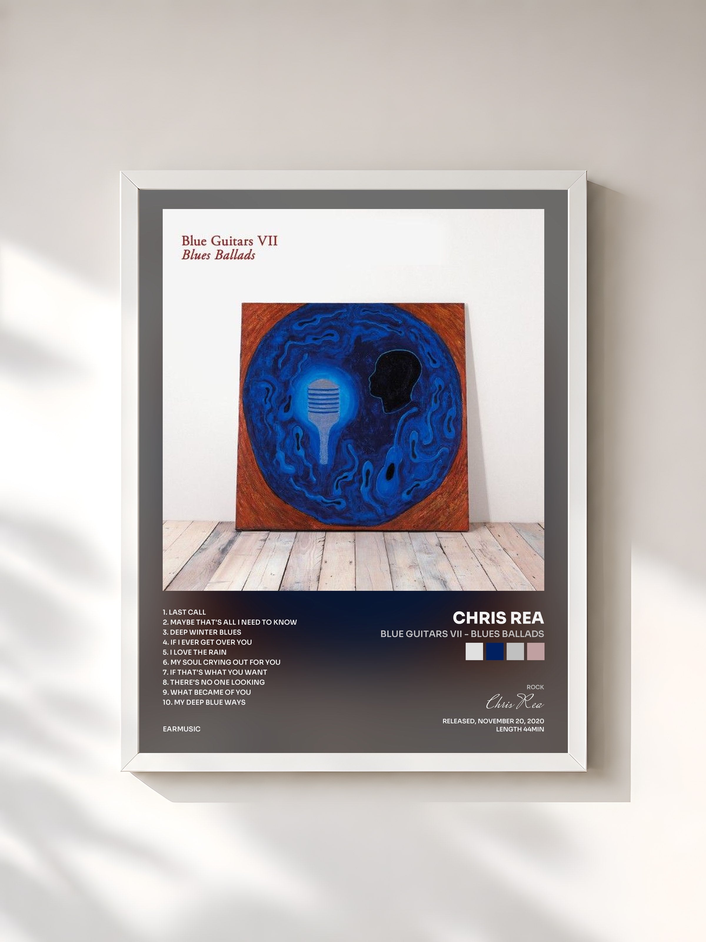 #blanc Tableau de l'album Blue Guitars VII - Blues Ballads de Chris Rea, cadre blanc, imprimé et encadré en France