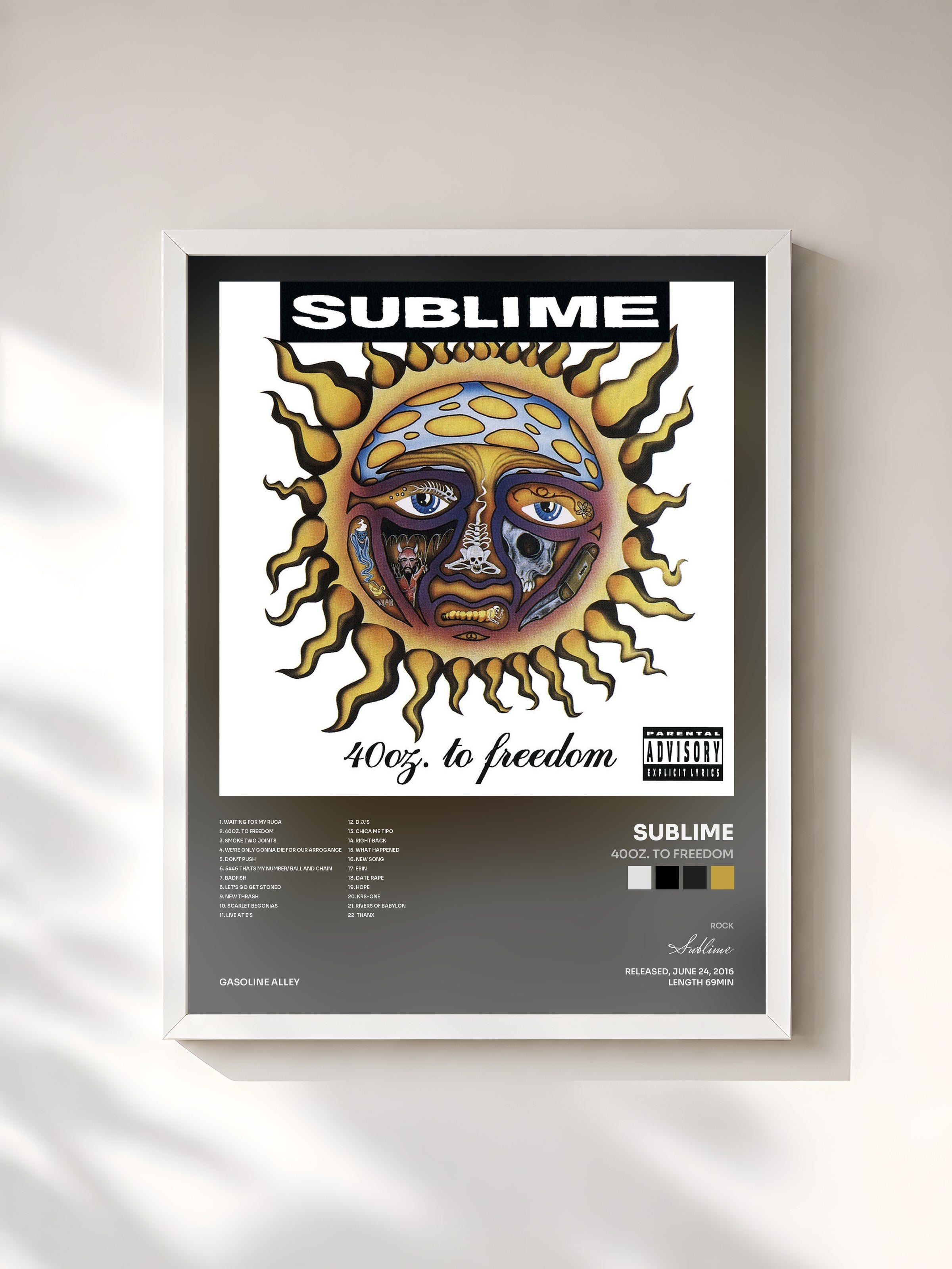 #blanc Tableau de l'album 40oz. To Freedom de Sublime, cadre blanc, imprimé et encadré en France
