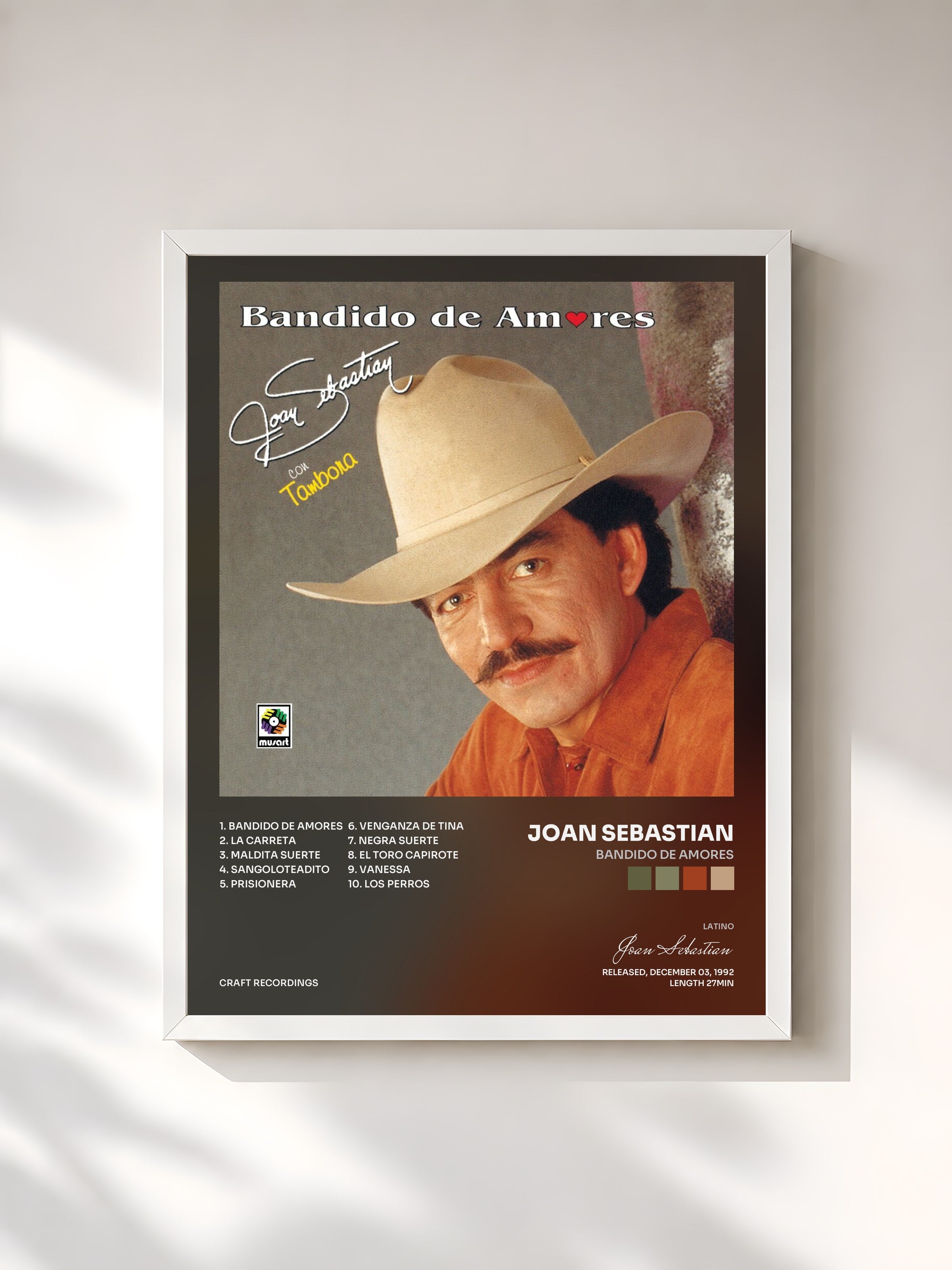 #blanc Tableau de l'album Bandido de Amores de Joan Sebastian, cadre blanc, imprimé et encadré en France