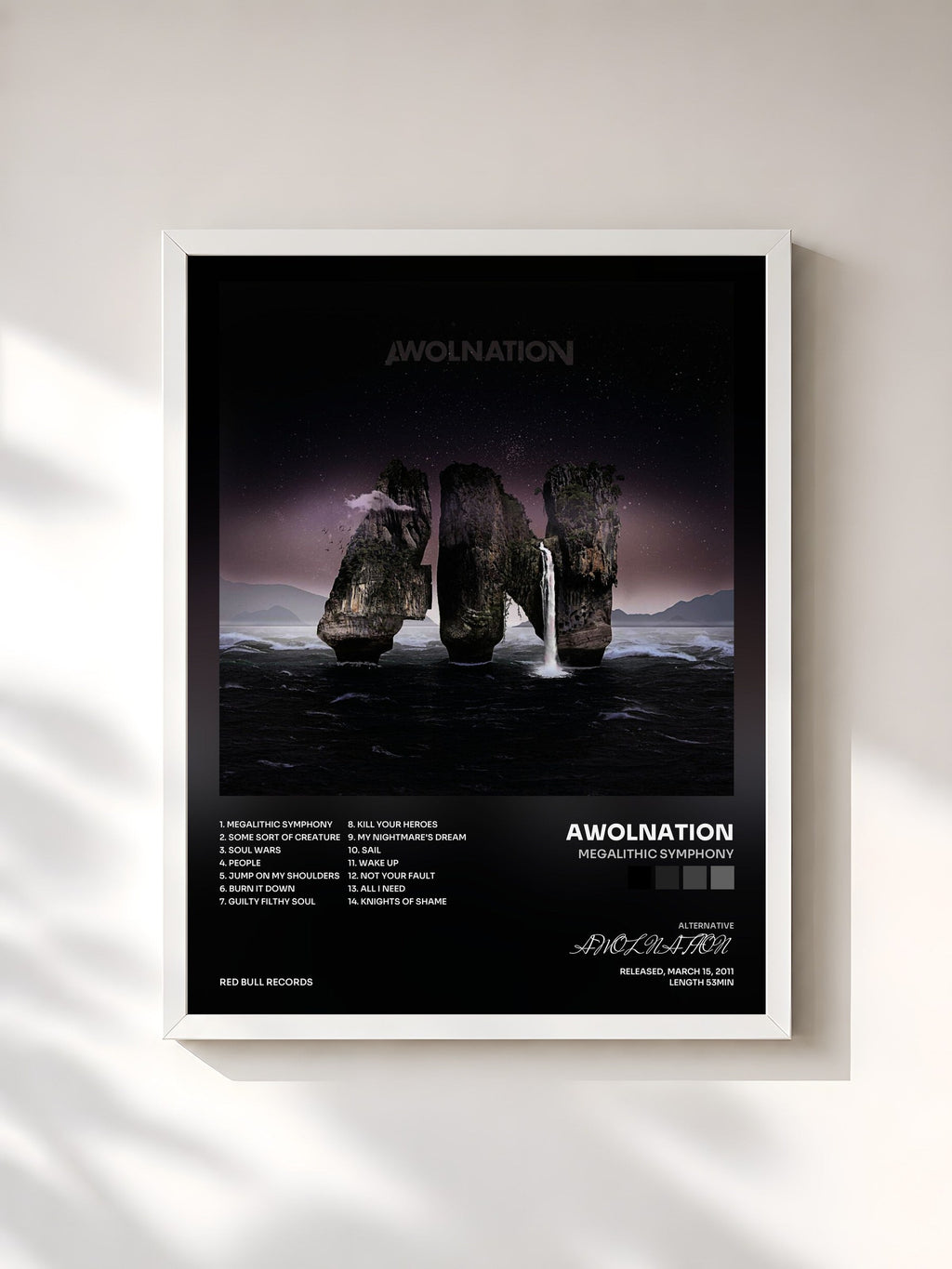 #blanc Tableau de l'album Megalithic Symphony de AWOLNATION, cadre blanc, imprimé et encadré en France