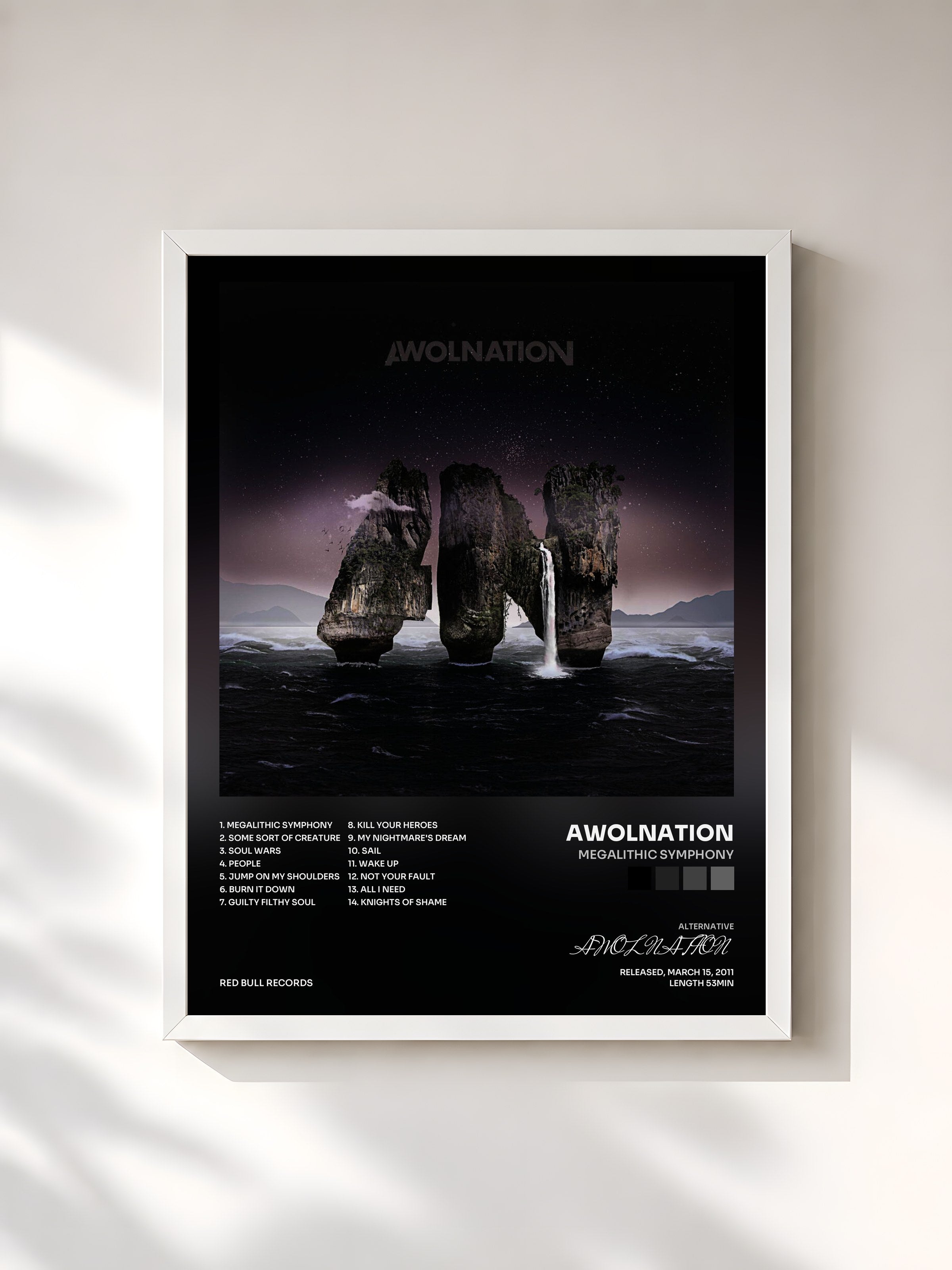 #blanc Tableau de l'album Megalithic Symphony de AWOLNATION, cadre blanc, imprimé et encadré en France