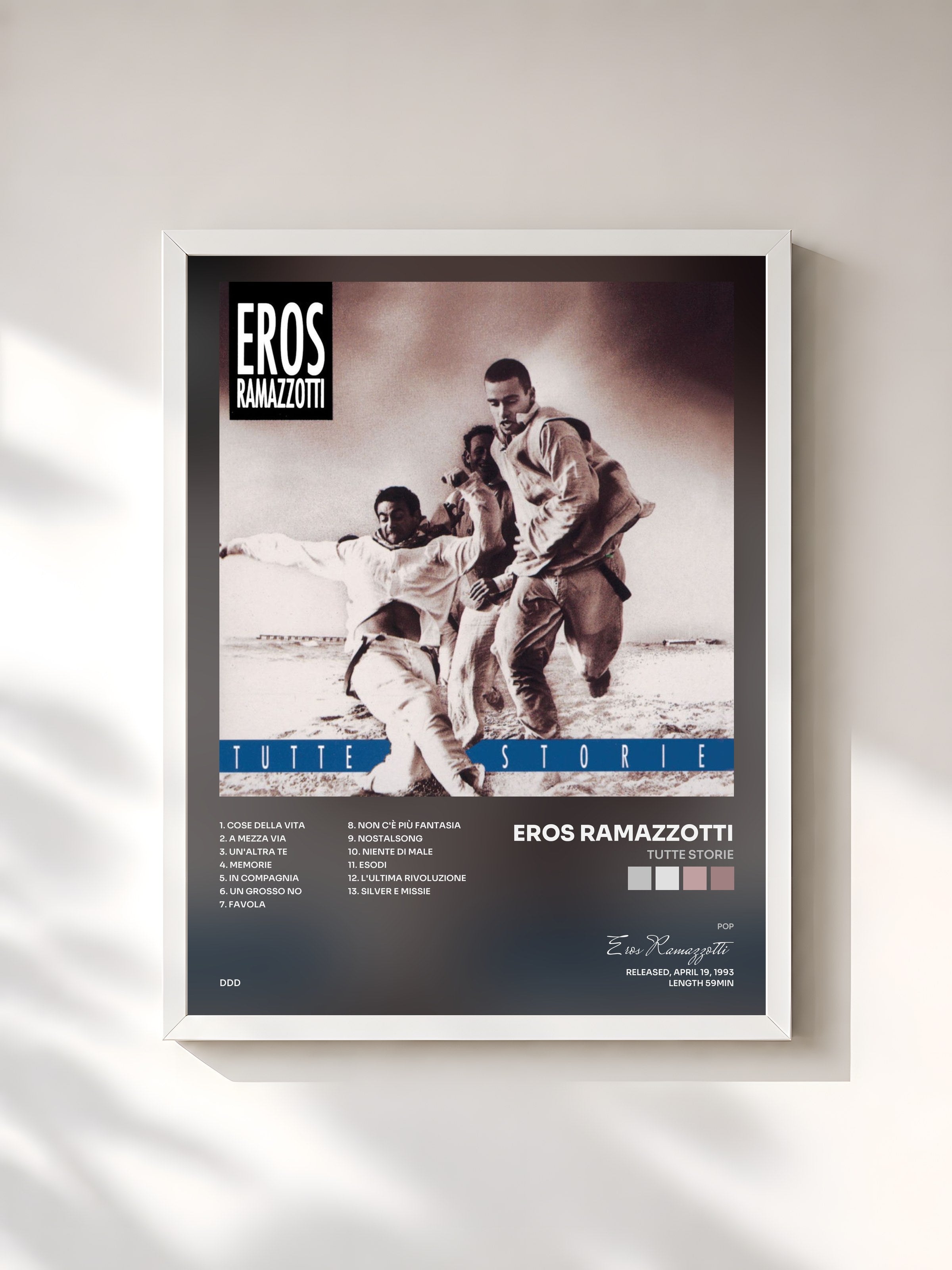 #blanc Tableau de l'album Tutte storie de Eros Ramazzotti, cadre blanc, imprimé et encadré en France