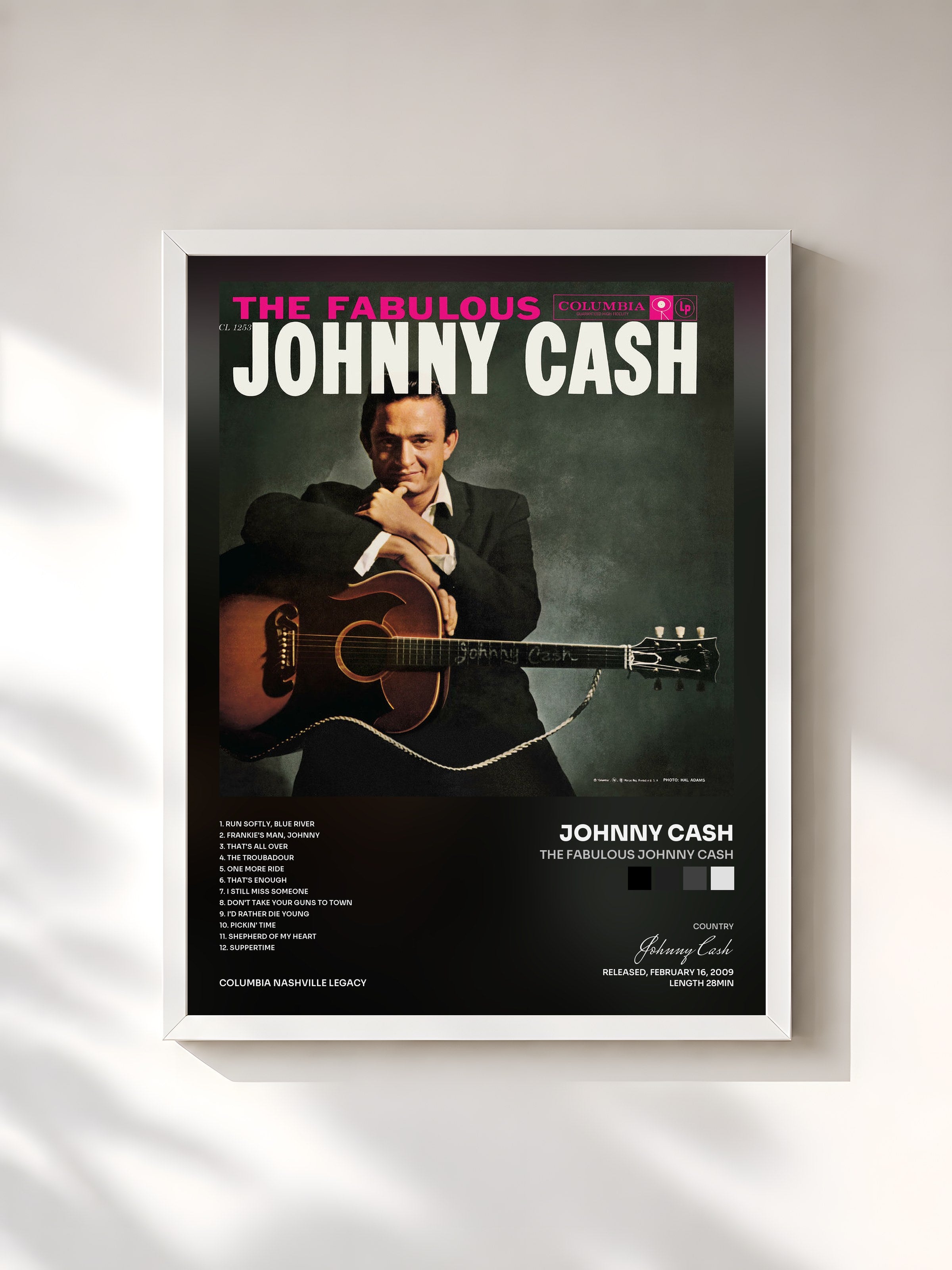 #blanc Tableau de l'album The Fabulous Johnny Cash de Johnny Cash, cadre blanc, imprimé et encadré en France