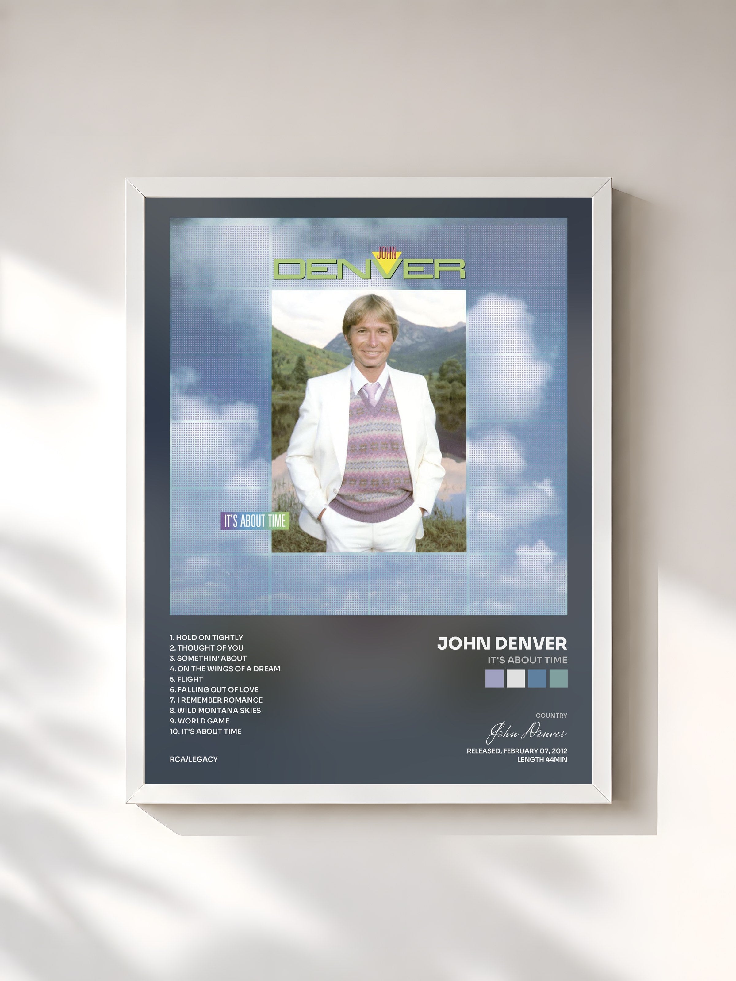 #blanc Tableau de l'album It's About Time de John Denver, cadre blanc, imprimé et encadré en France