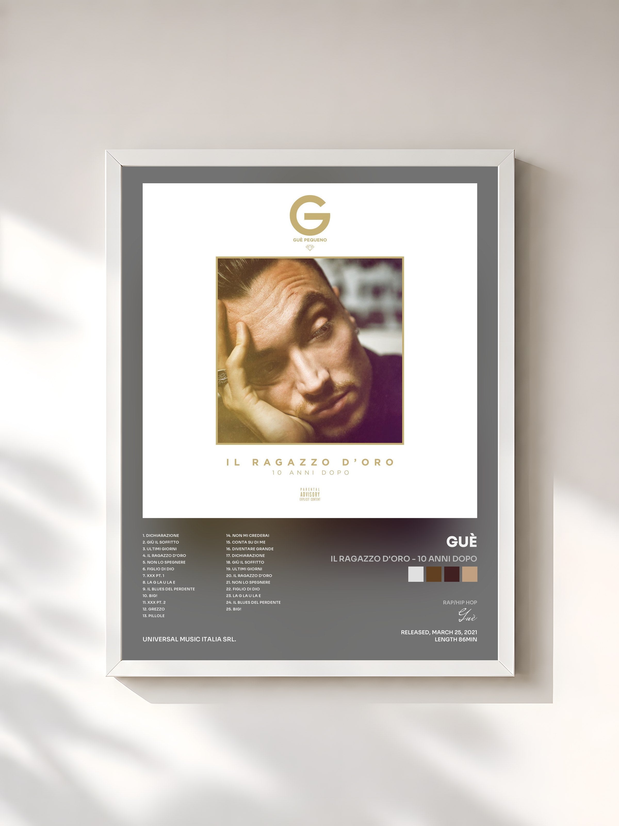 #blanc Tableau de l'album Il Ragazzo D'Oro - 10 Anni Dopo de Guè, cadre blanc, imprimé et encadré en France