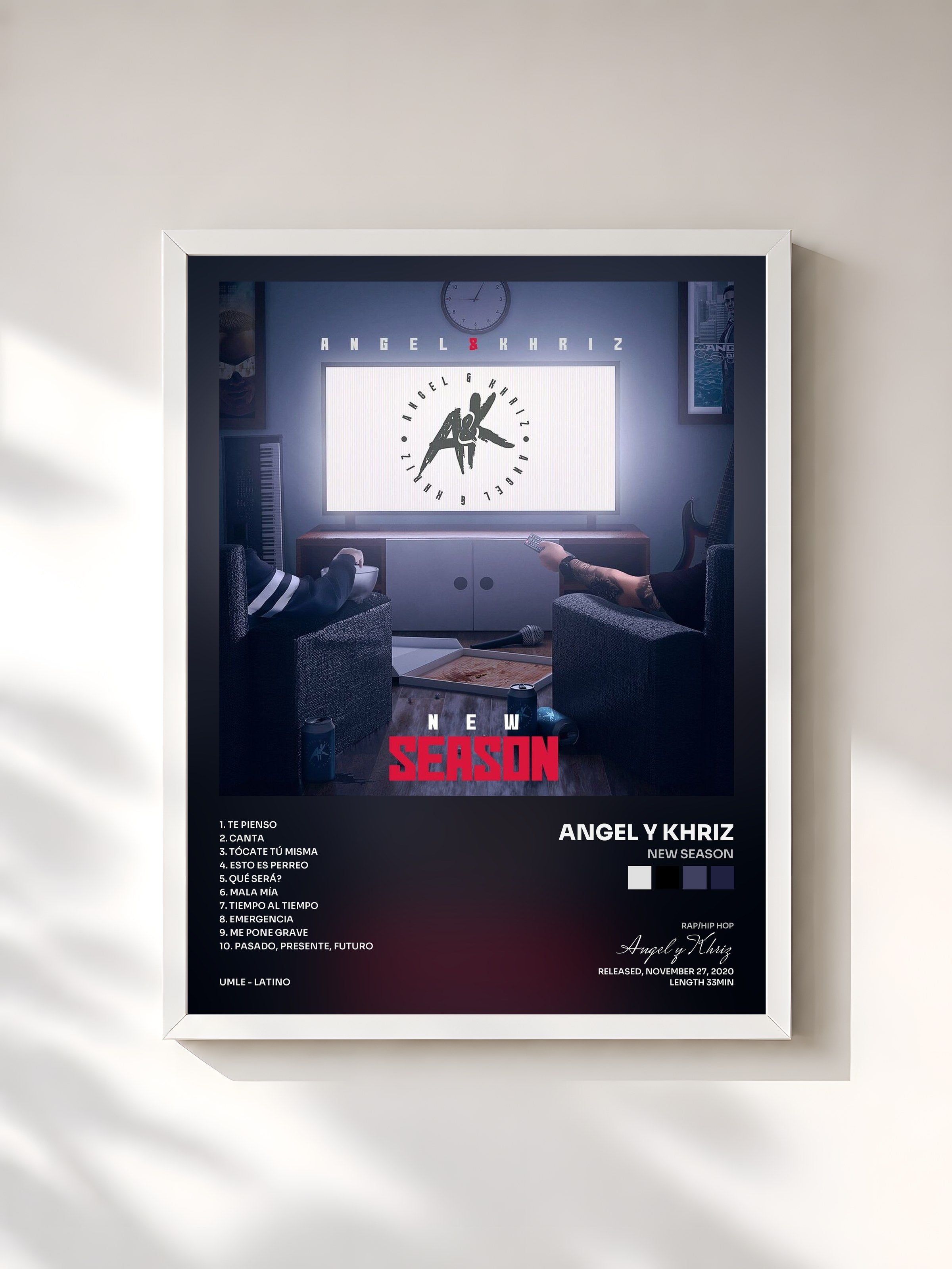 #blanc Tableau de l'album New Season de Angel y Khriz, cadre blanc, imprimé et encadré en France