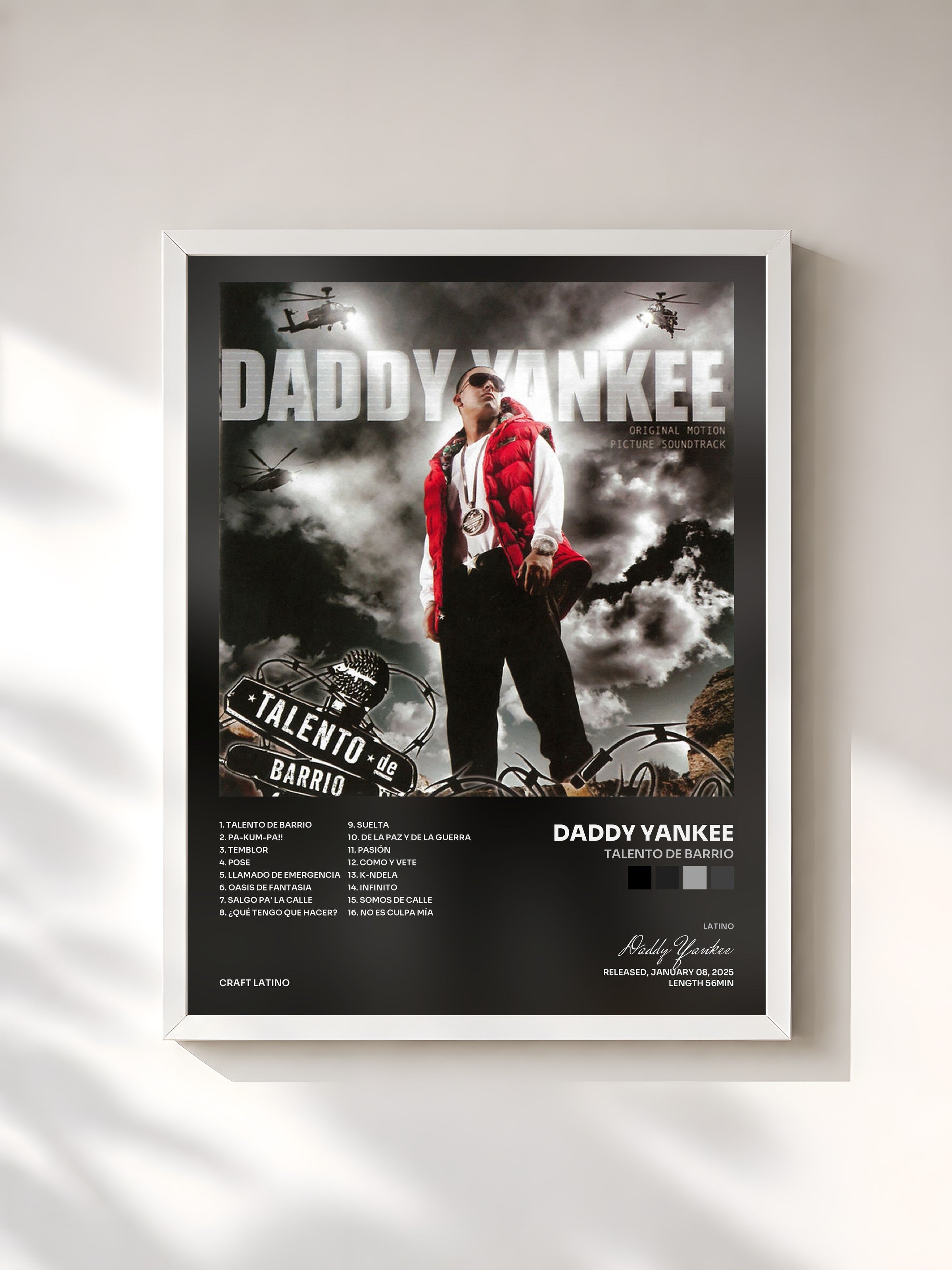 #blanc Tableau de l'album Talento de Barrio de Daddy Yankee, cadre blanc, imprimé et encadré en France