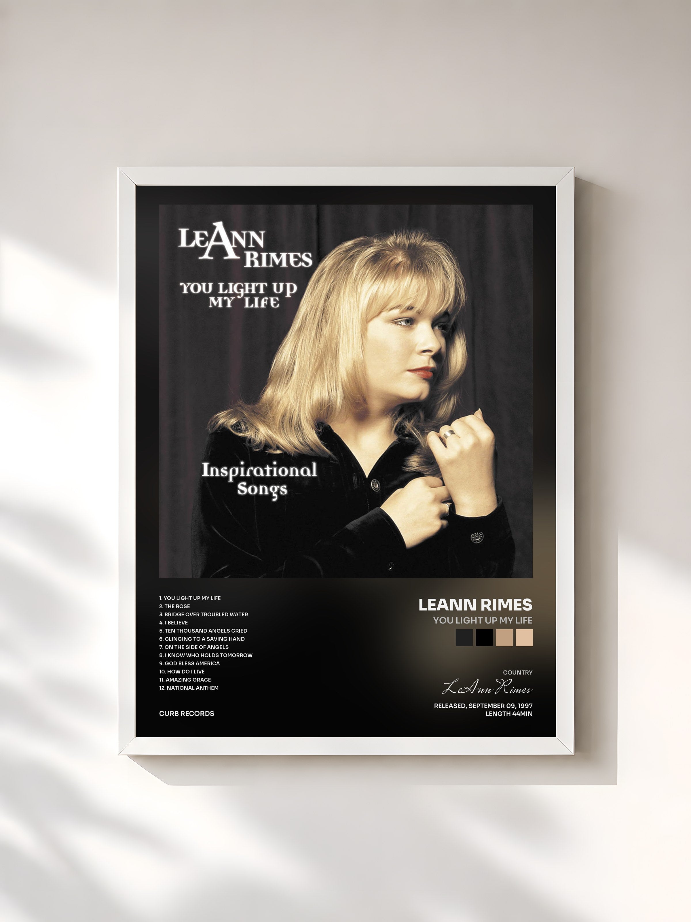 #blanc Tableau de l'album You Light Up My Life de LeAnn Rimes, cadre blanc, imprimé et encadré en France