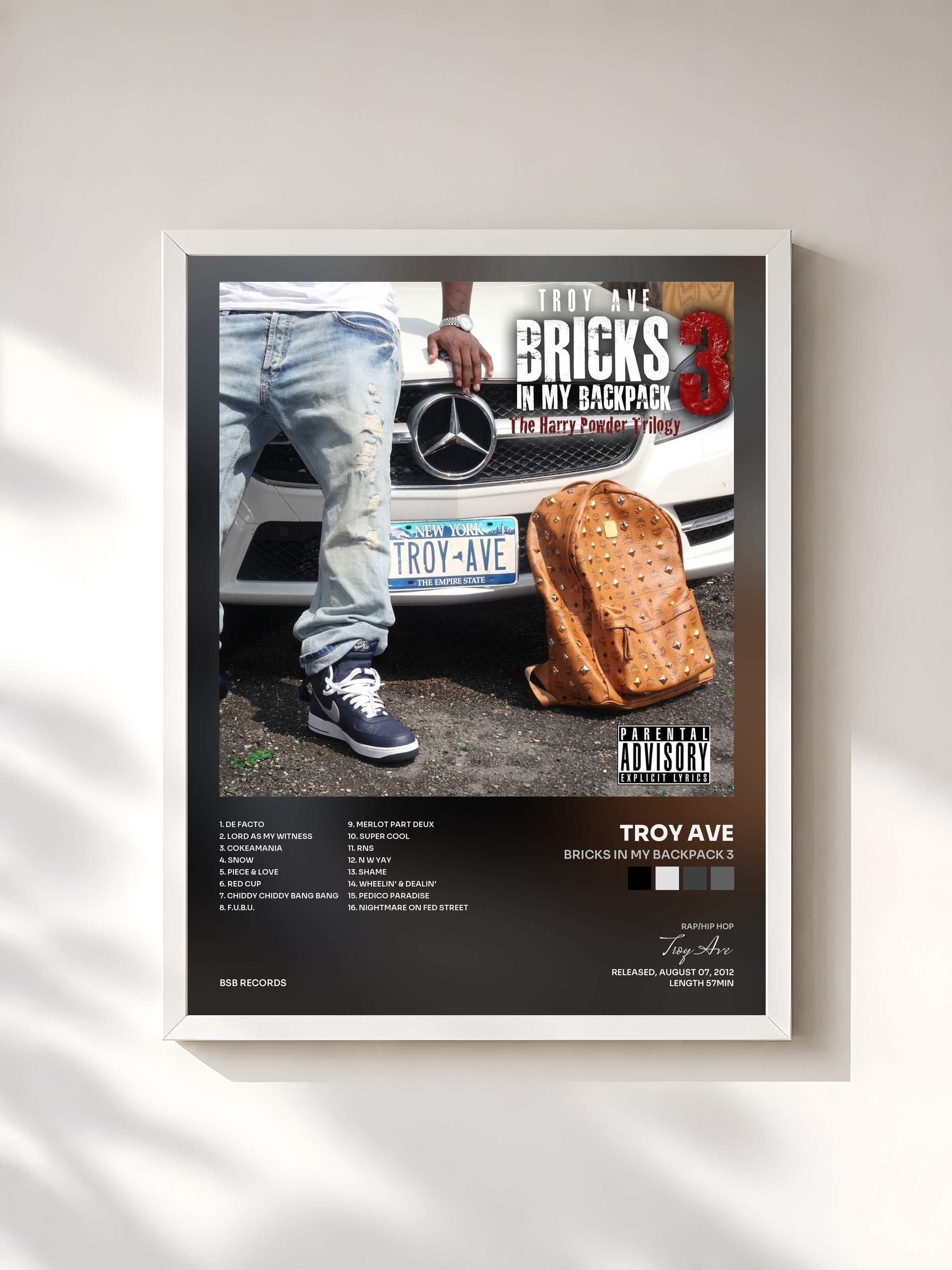 #blanc Tableau de l'album Bricks In My Backpack 3 de Troy Ave, cadre blanc, imprimé et encadré en France
