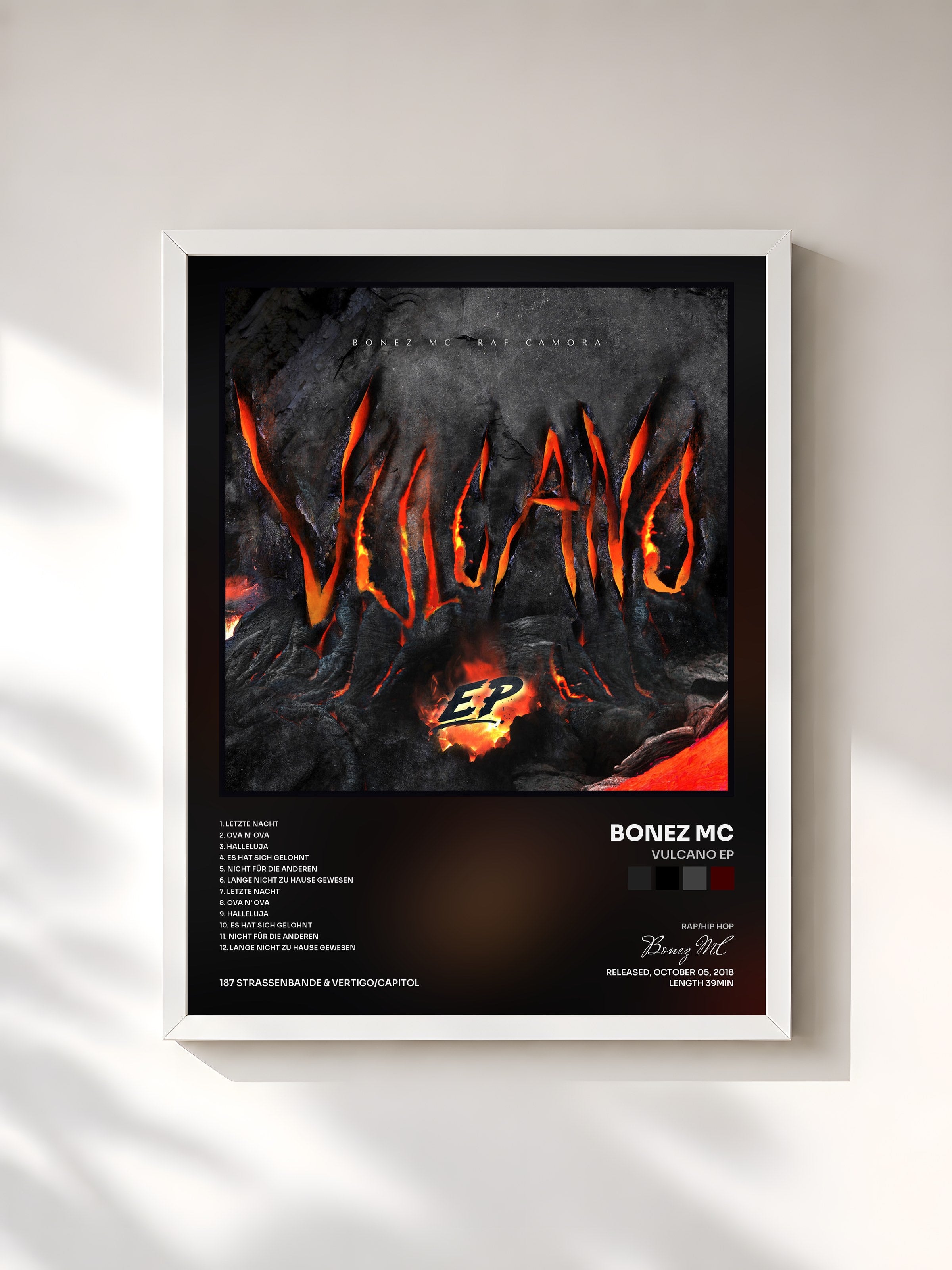 #blanc Tableau de l'album Vulcano EP de Bonez MC, cadre blanc, imprimé et encadré en France