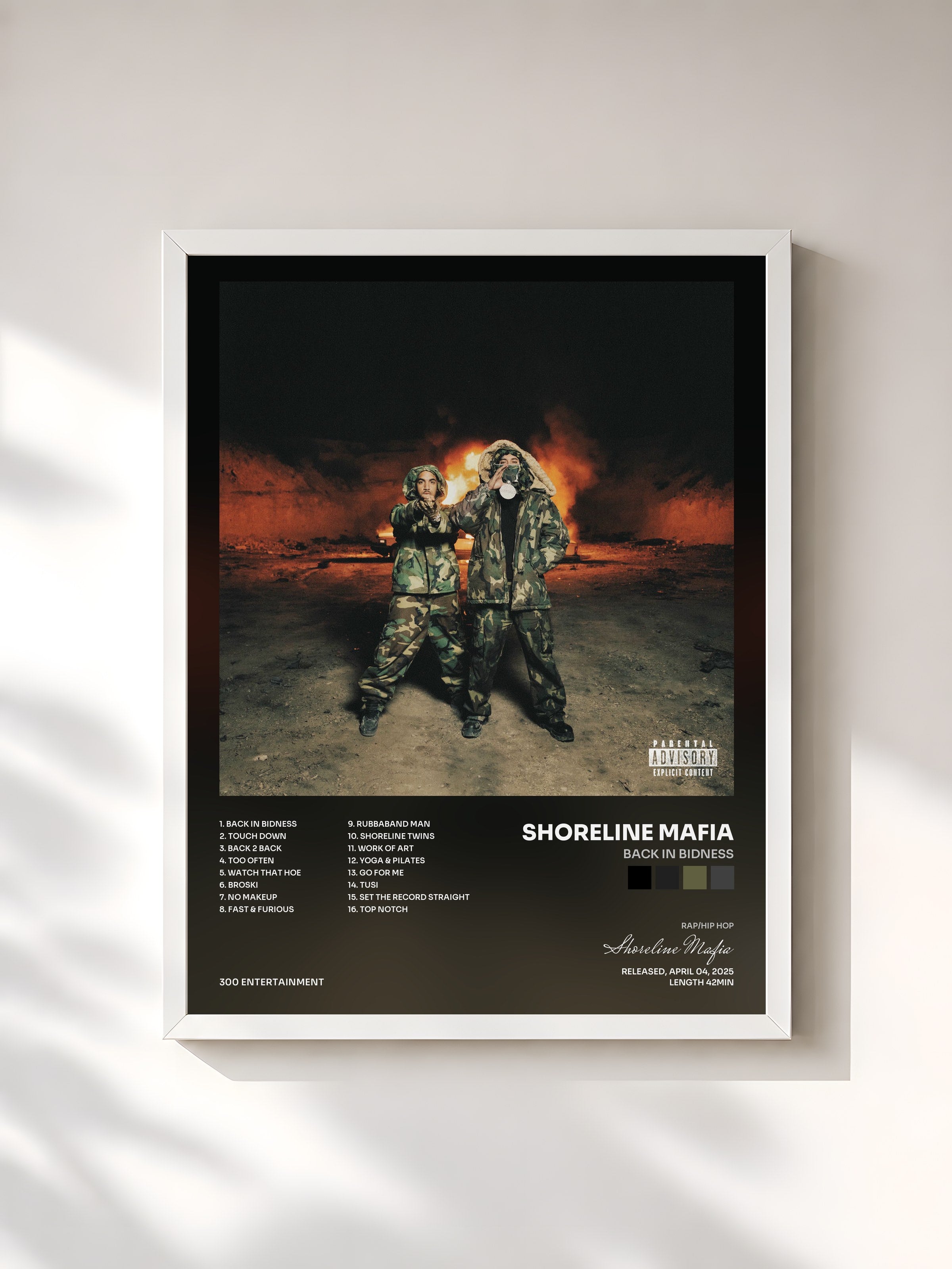 #blanc Tableau de l'album Back In Bidness de Shoreline Mafia, cadre blanc, imprimé et encadré en France
