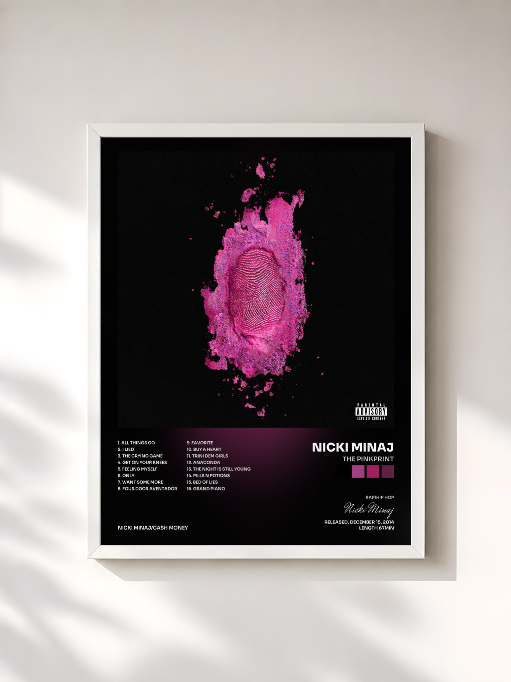 #blanc Tableau de l'album The Pinkprint de Nicki Minaj, cadre blanc, imprimé et encadré en France