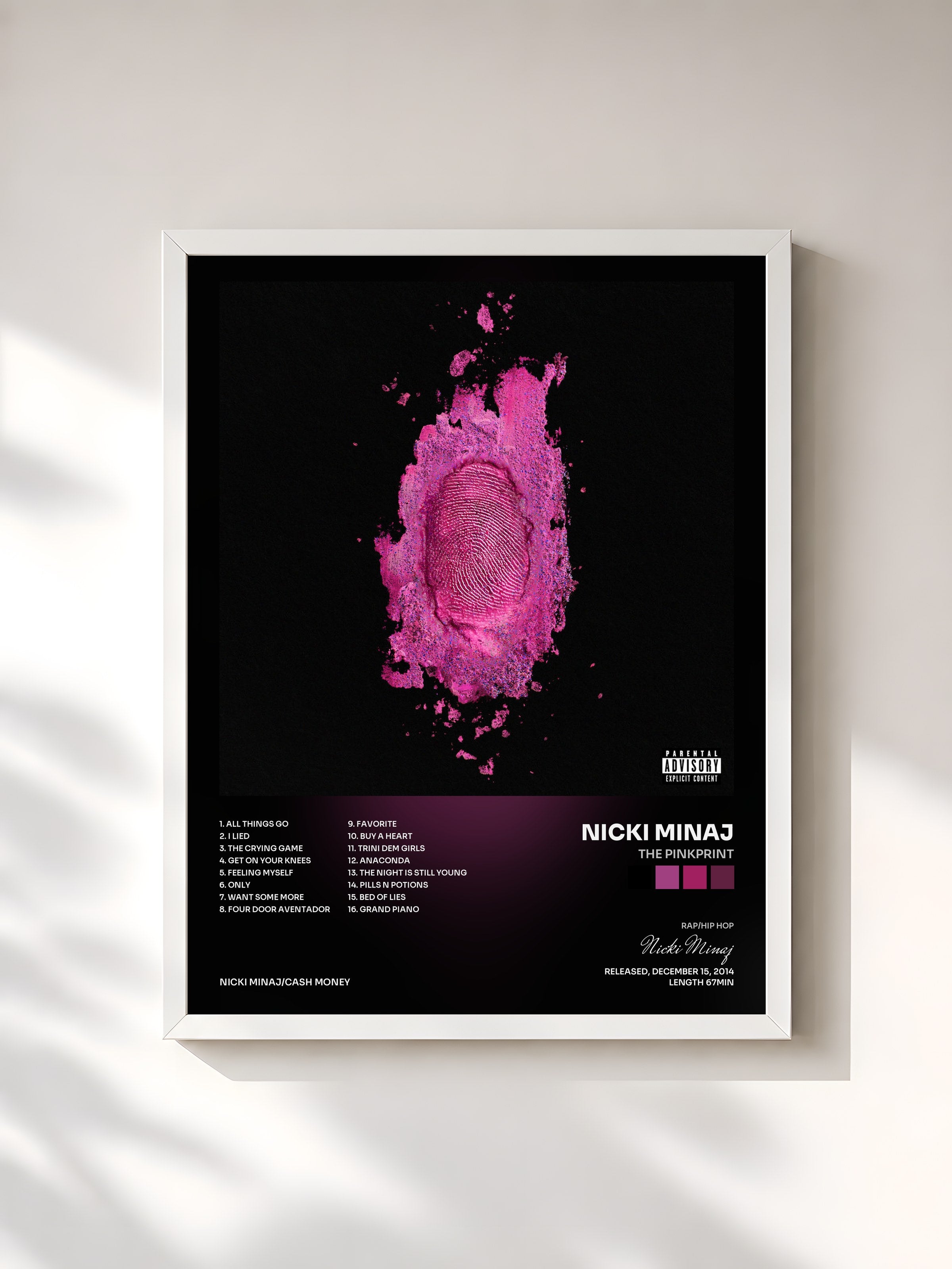 #blanc Tableau de l'album The Pinkprint de Nicki Minaj, cadre blanc, imprimé et encadré en France