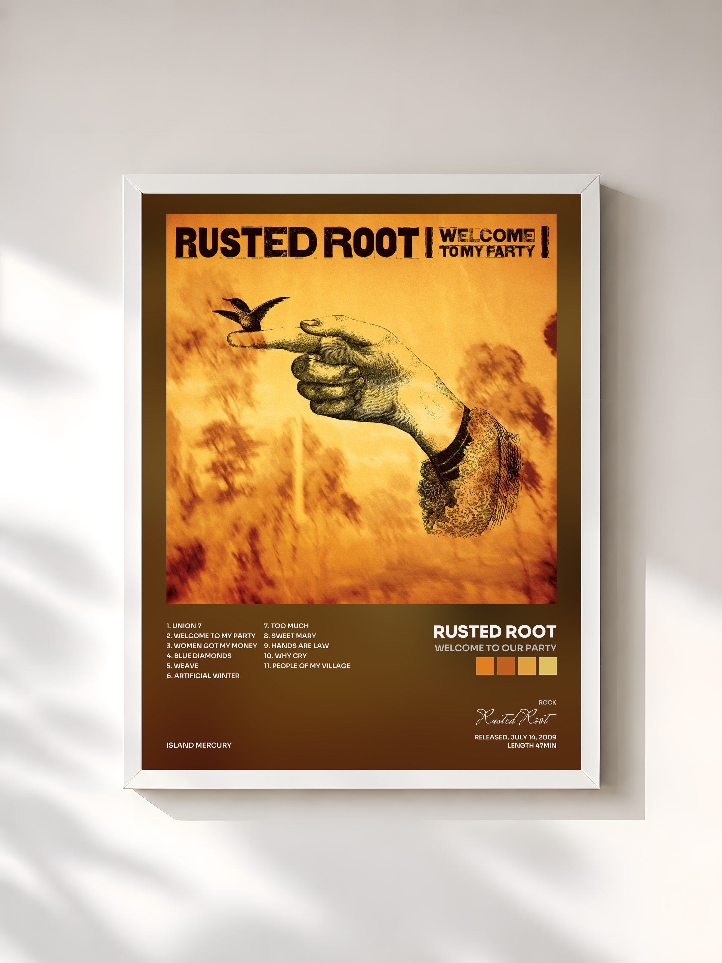 #blanc Tableau de l'album Welcome To Our Party de Rusted Root, cadre blanc, imprimé et encadré en France