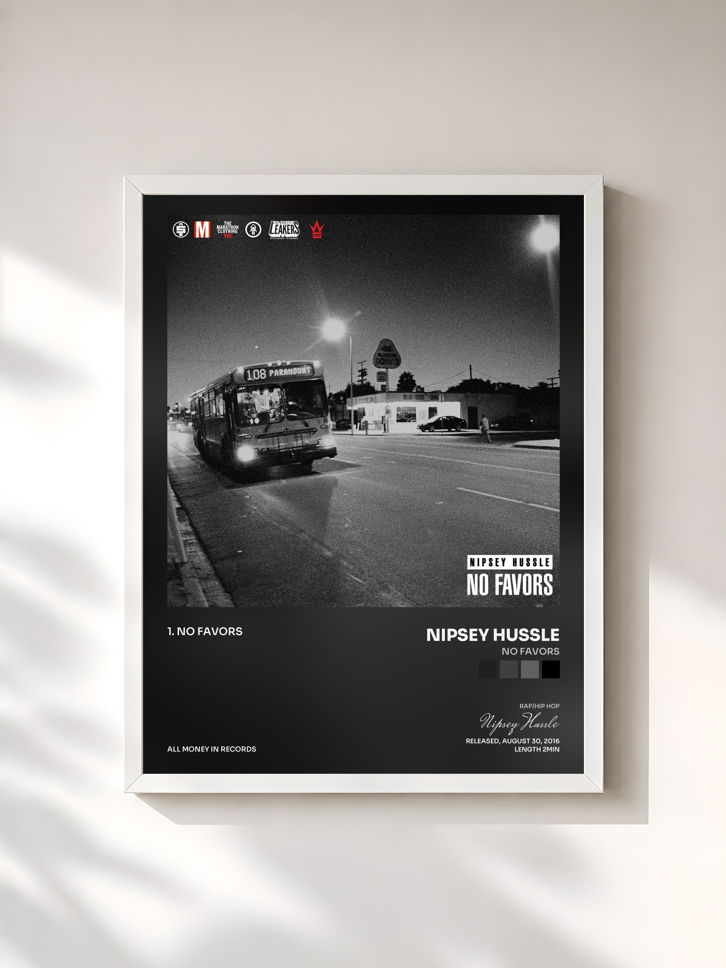 #blanc Tableau de l'album No Favors de Nipsey Hussle, cadre blanc, imprimé et encadré en France
