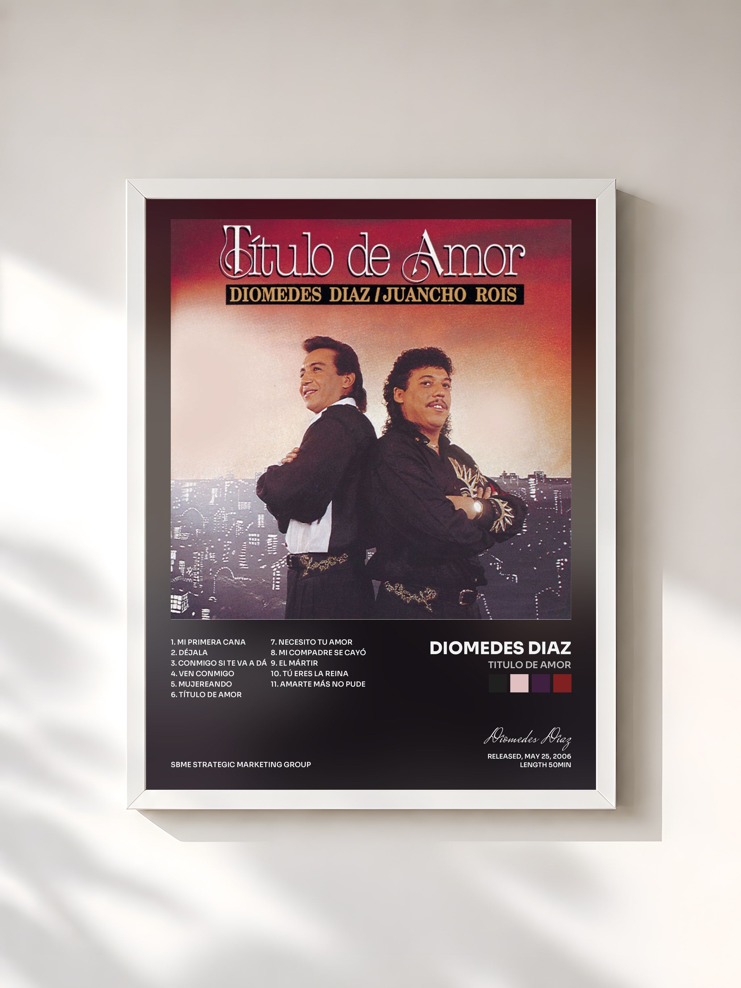 #blanc Tableau de l'album Titulo De Amor de Diomedes Diaz, cadre blanc, imprimé et encadré en France
