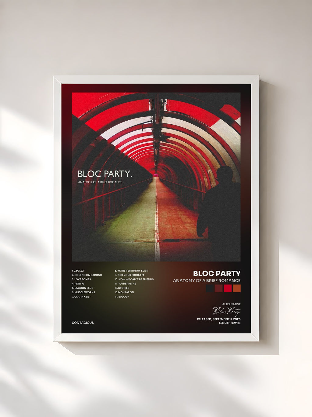 #blanc Tableau de l'album Anatomy Of A Brief Romance de Bloc Party, cadre blanc, imprimé et encadré en France