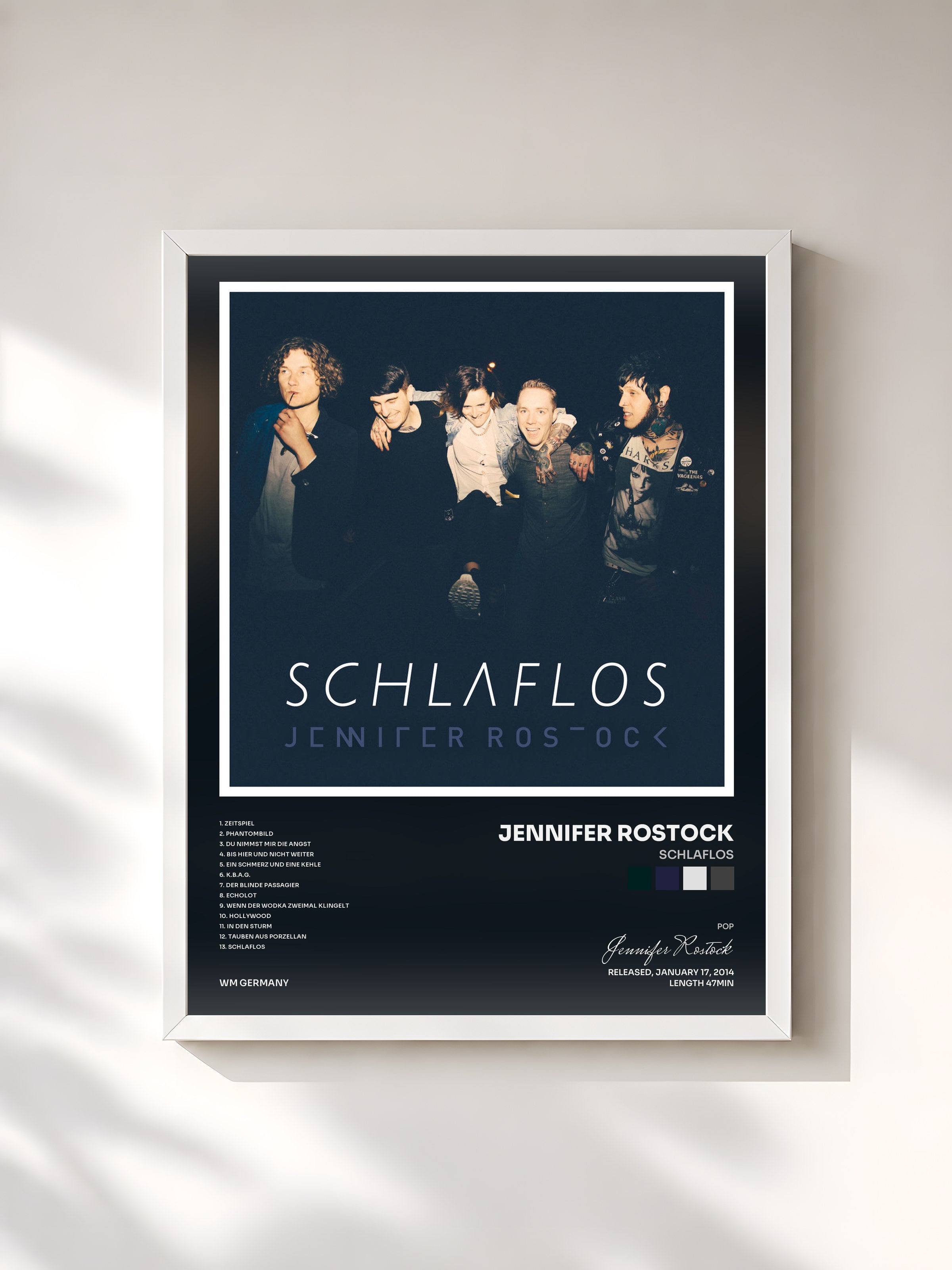 #blanc Tableau de l'album Schlaflos de Jennifer Rostock, cadre blanc, imprimé et encadré en France