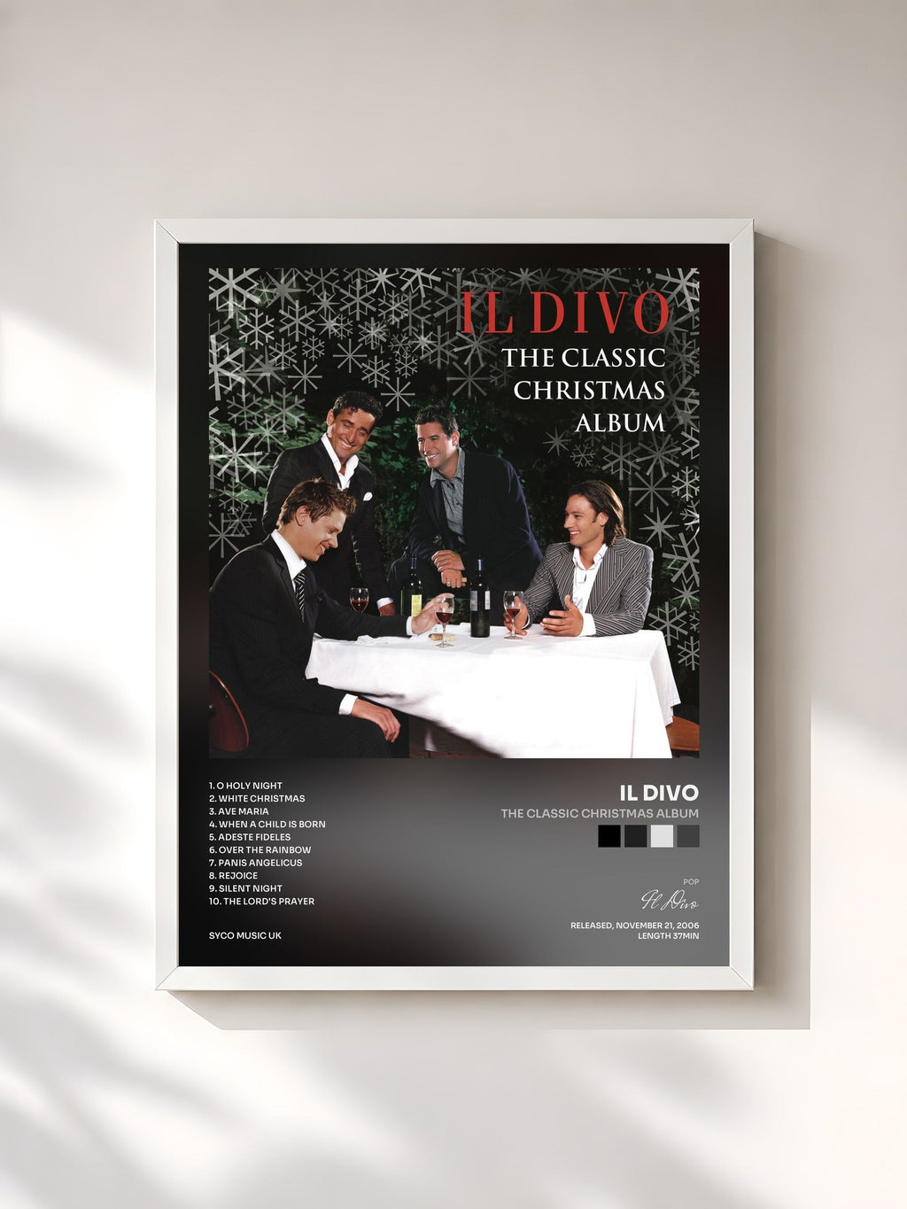 #blanc Tableau de l'album The Classic Christmas Album de Il Divo, cadre blanc, imprimé et encadré en France