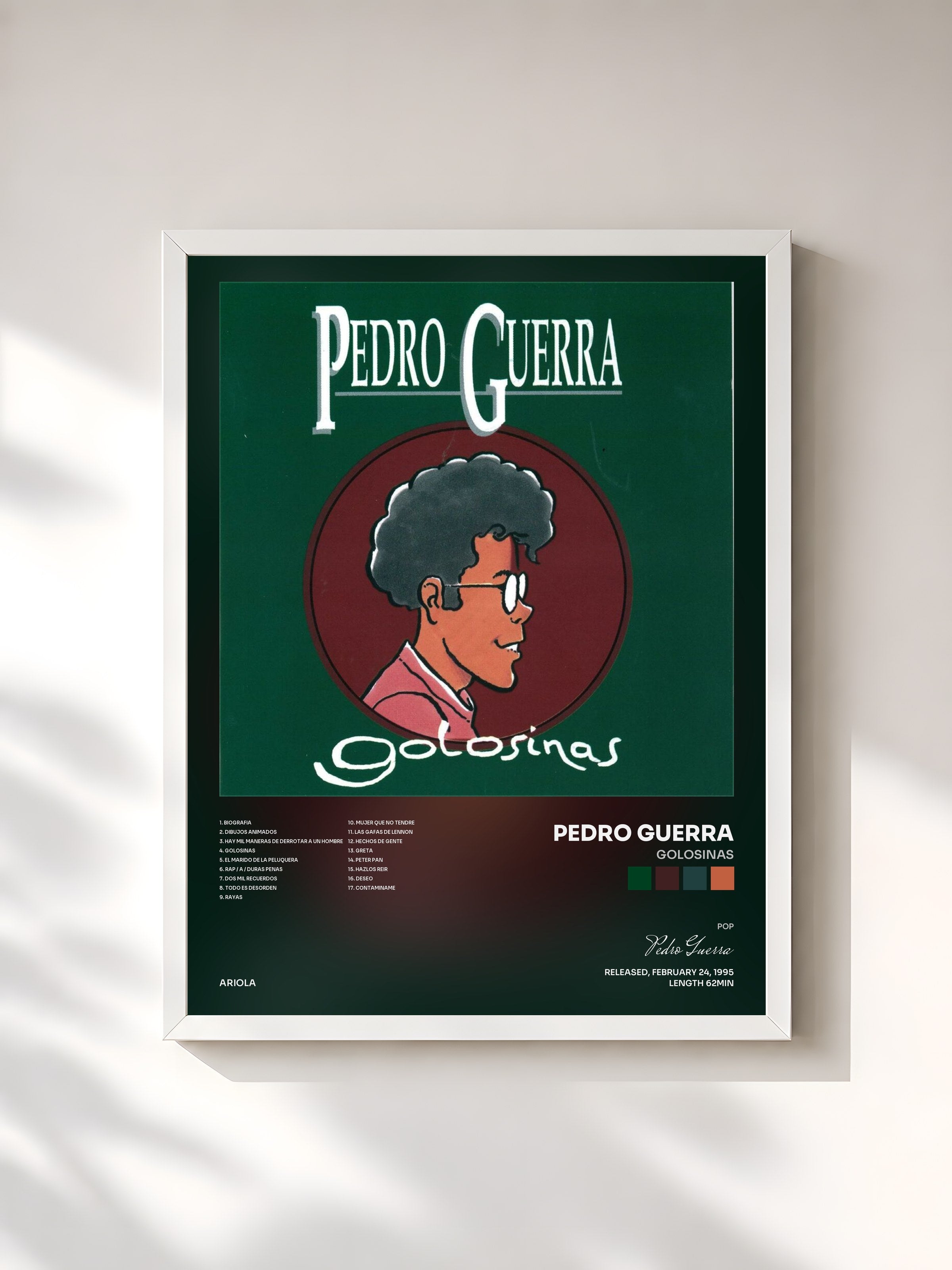 #blanc Tableau de l'album Golosinas de Pedro Guerra, cadre blanc, imprimé et encadré en France
