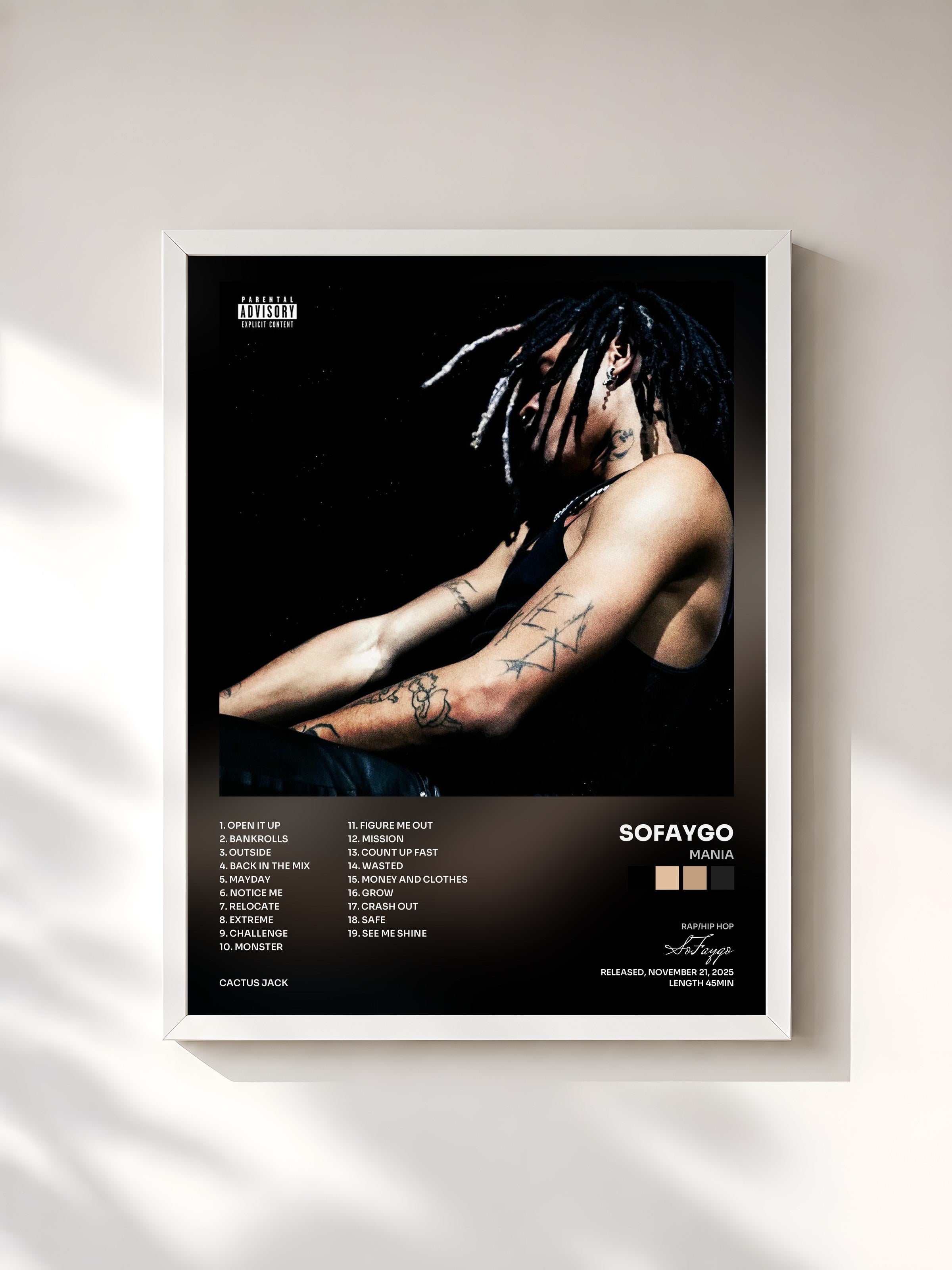 #blanc Tableau de l'album MANIA de SoFaygo, cadre blanc, imprimé et encadré en France