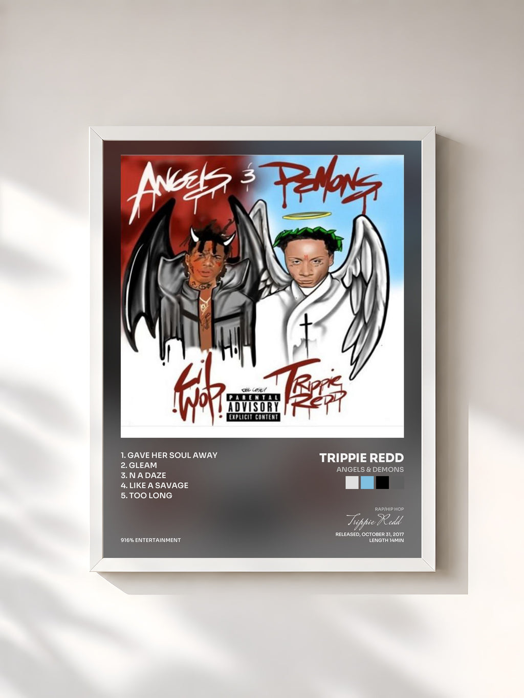 #blanc Tableau de l'album Angels & Demons de Trippie Redd, cadre blanc, imprimé et encadré en France