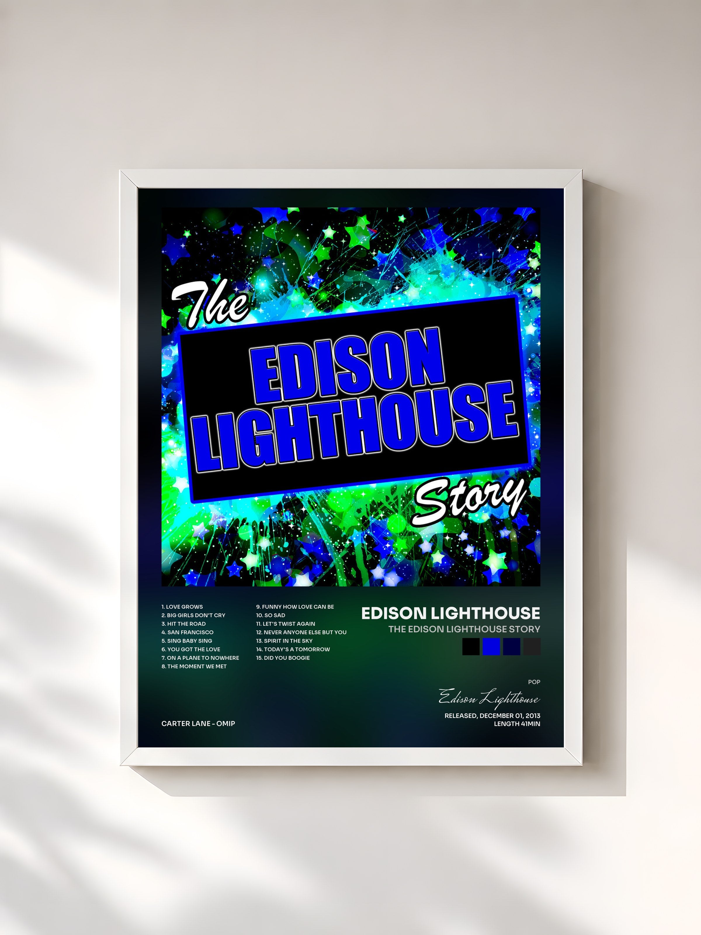 #blanc Tableau de l'album The Edison Lighthouse Story de Edison Lighthouse, cadre blanc, imprimé et encadré en France