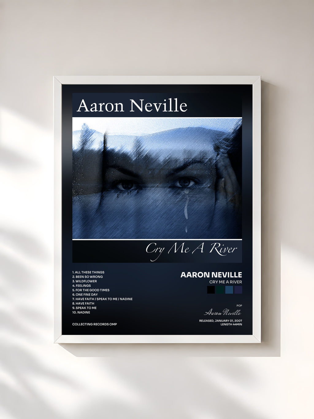 #blanc Tableau de l'album Cry Me A River de Aaron Neville, cadre blanc, imprimé et encadré en France
