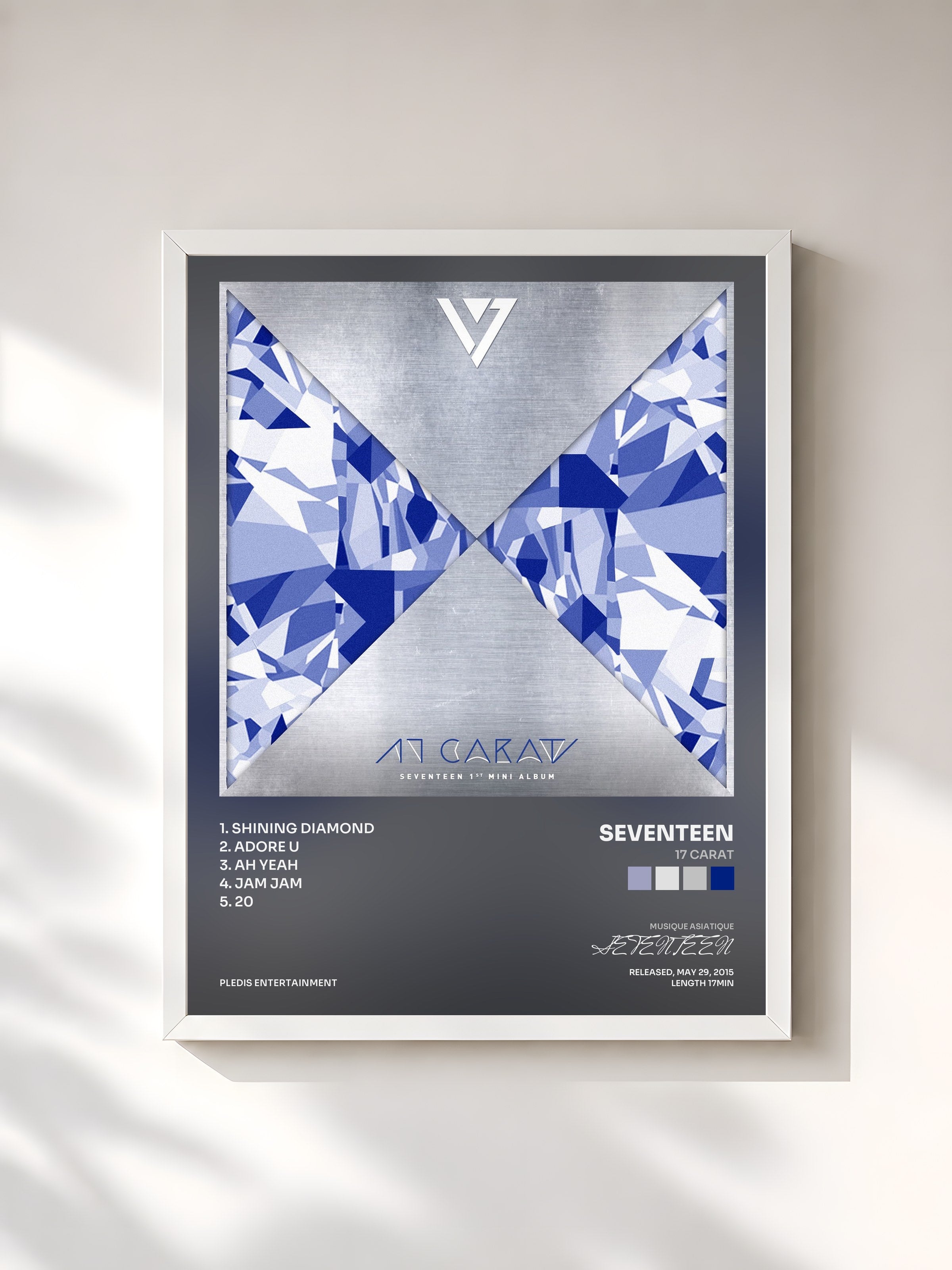 #blanc Tableau de l'album 17 CARAT de SEVENTEEN, cadre blanc, imprimé et encadré en France