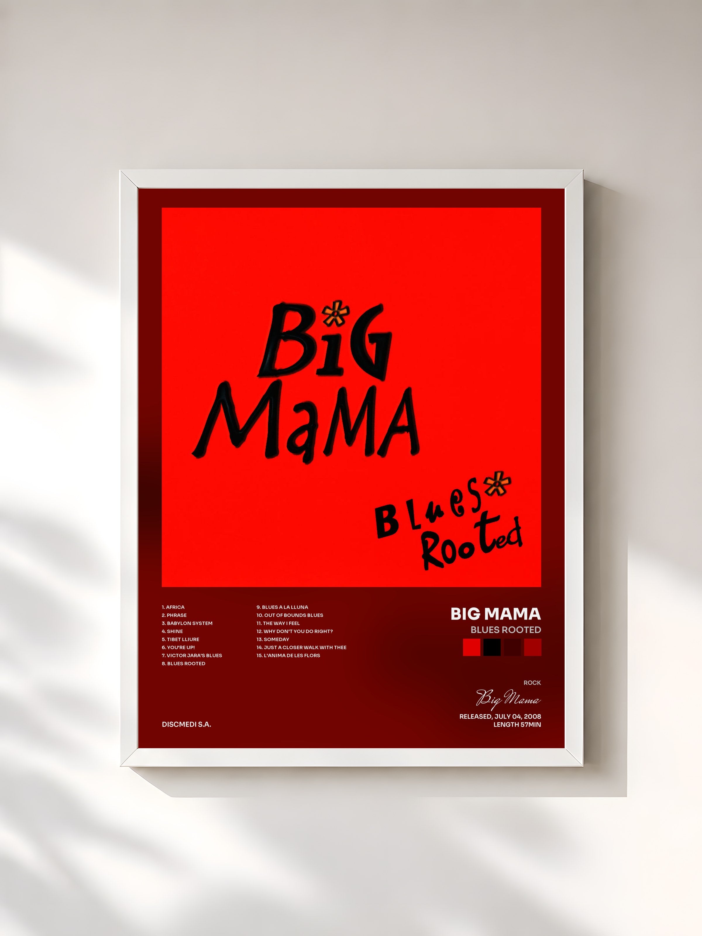 #blanc Tableau de l'album Blues Rooted de Big Mama, cadre blanc, imprimé et encadré en France