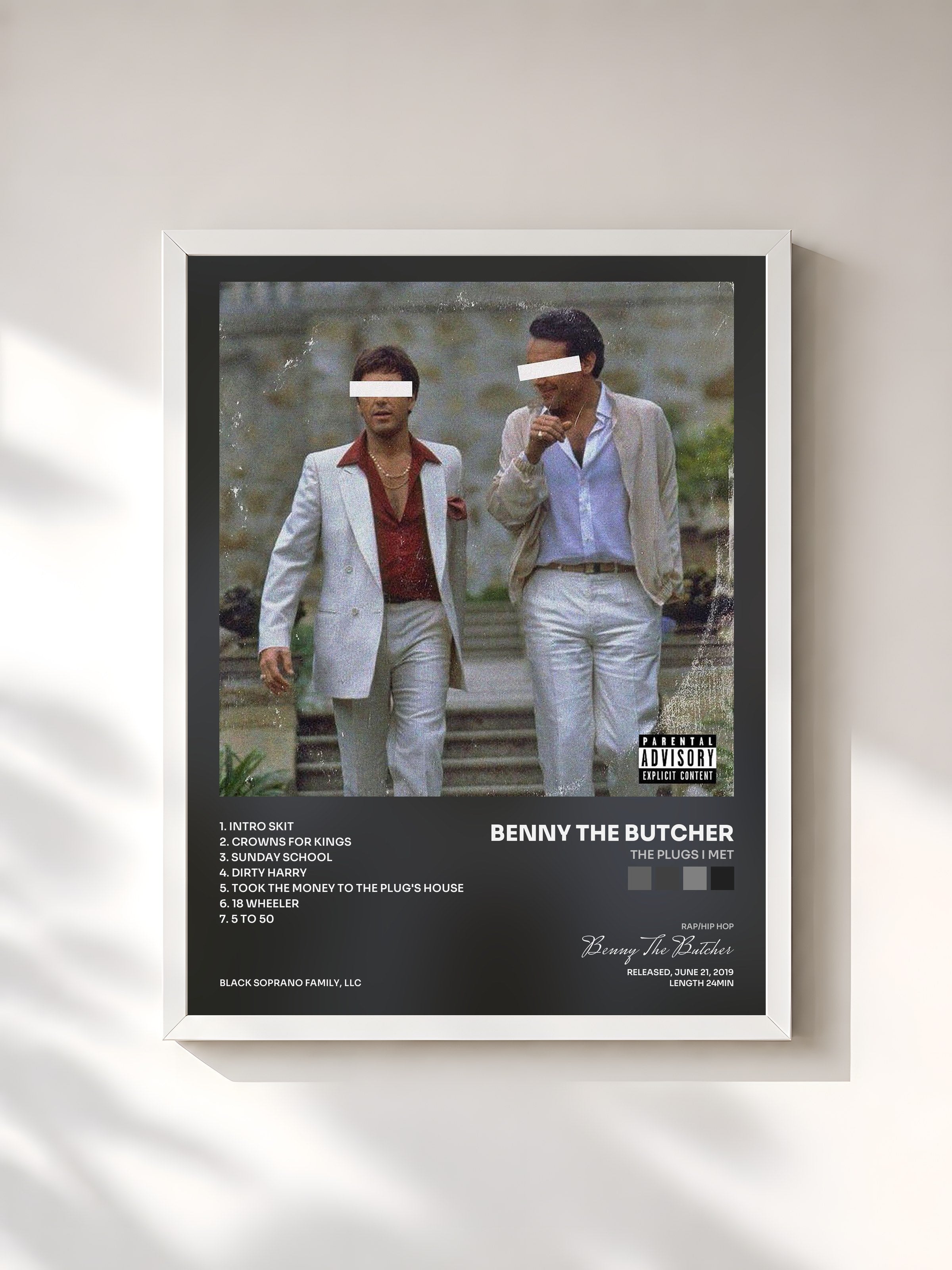 #blanc Tableau de l'album The Plugs I Met de Benny The Butcher, cadre blanc, imprimé et encadré en France