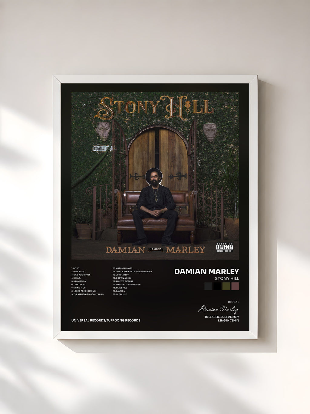#blanc Tableau de l'album Stony Hill de Damian Marley, cadre blanc, imprimé et encadré en France