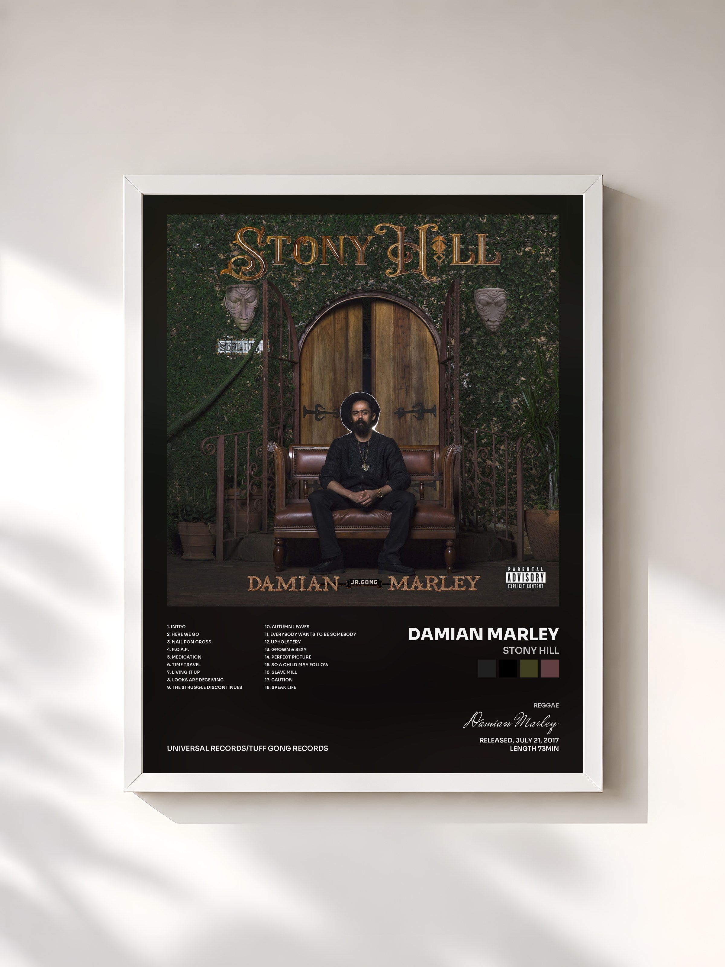 #blanc Tableau de l'album Stony Hill de Damian Marley, cadre blanc, imprimé et encadré en France