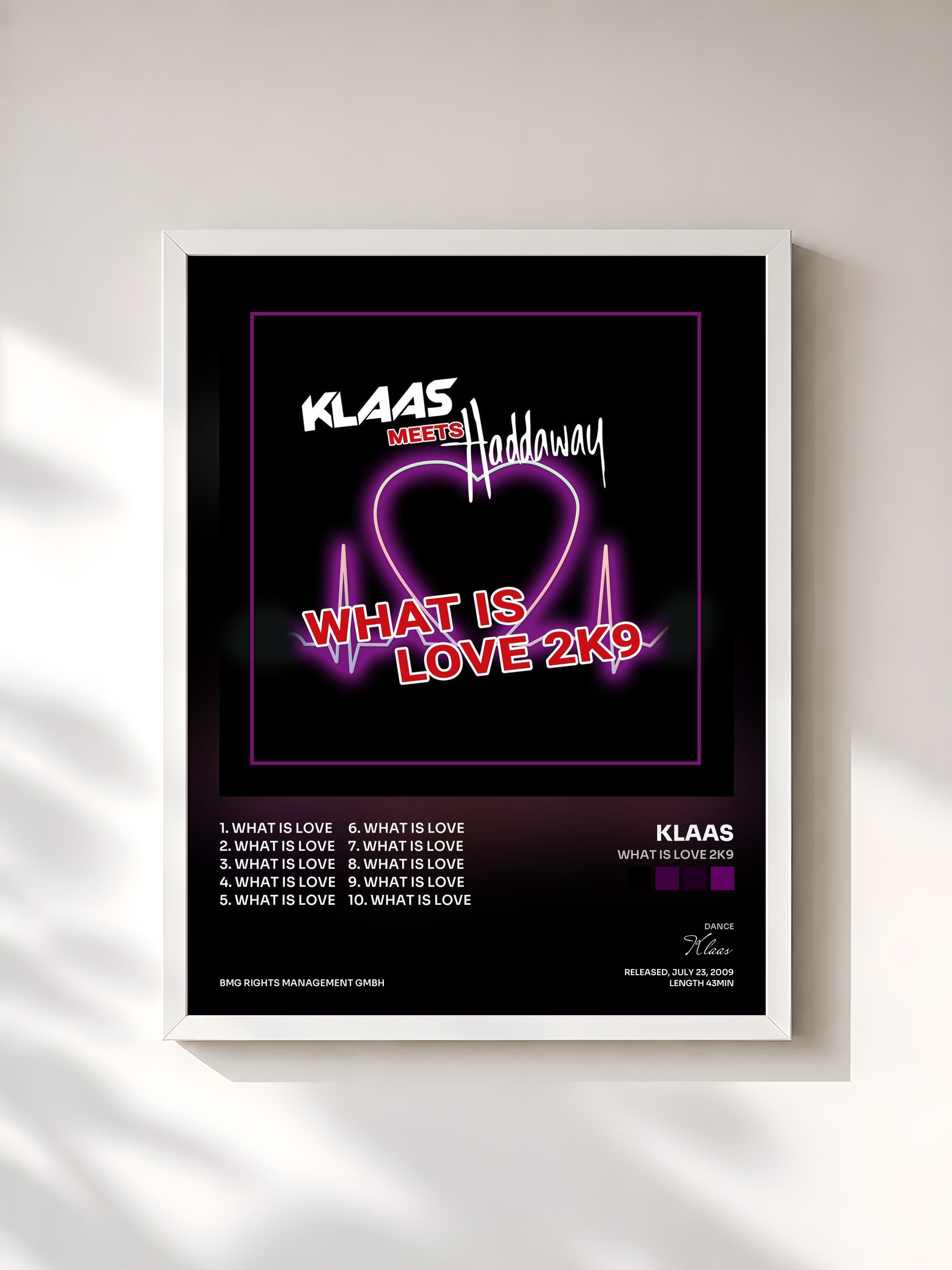 #blanc Tableau de l'album What Is Love 2K9 de Klaas, cadre blanc, imprimé et encadré en France