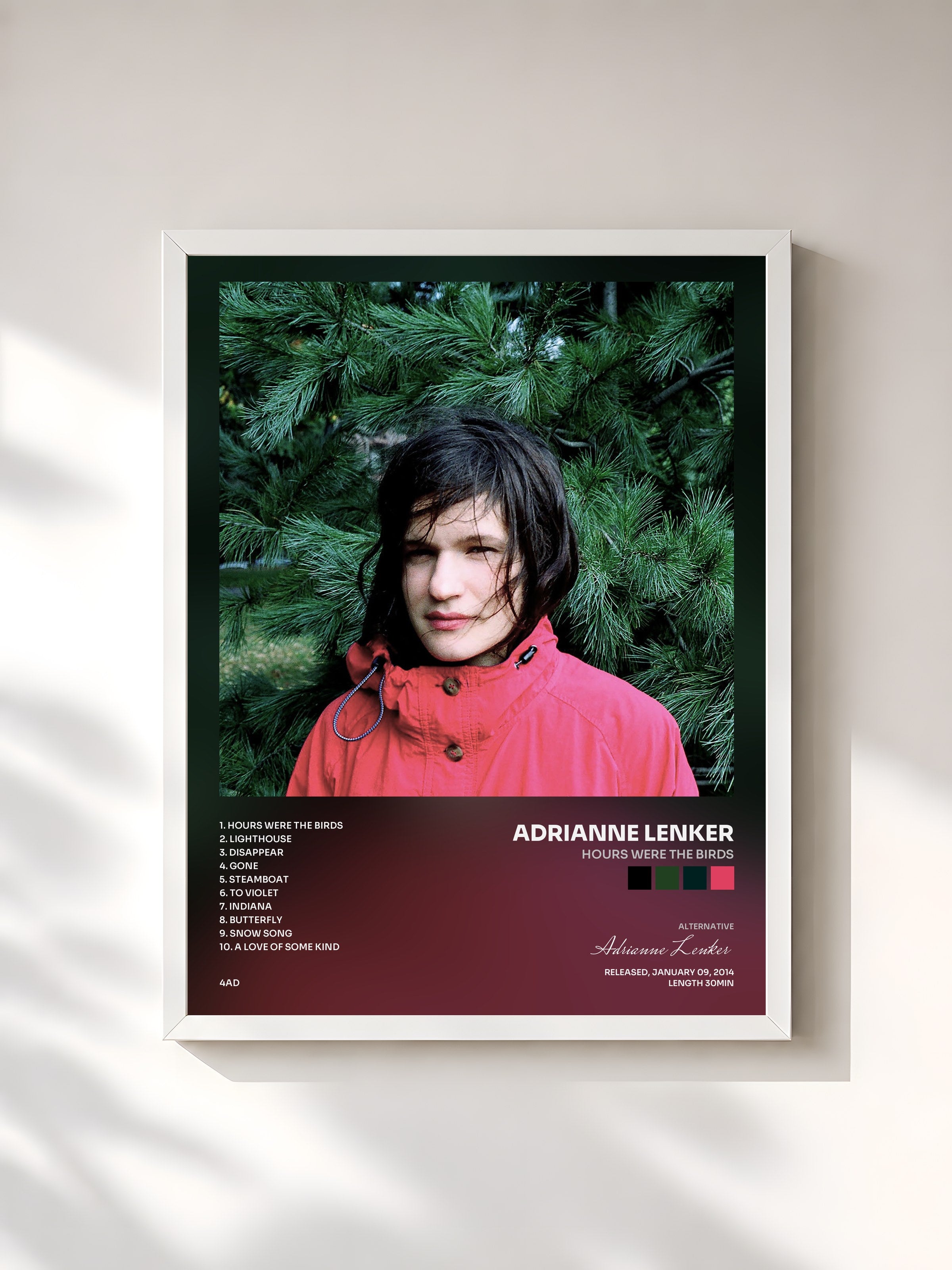 #blanc Tableau de l'album Hours Were the Birds de Adrianne Lenker, cadre blanc, imprimé et encadré en France