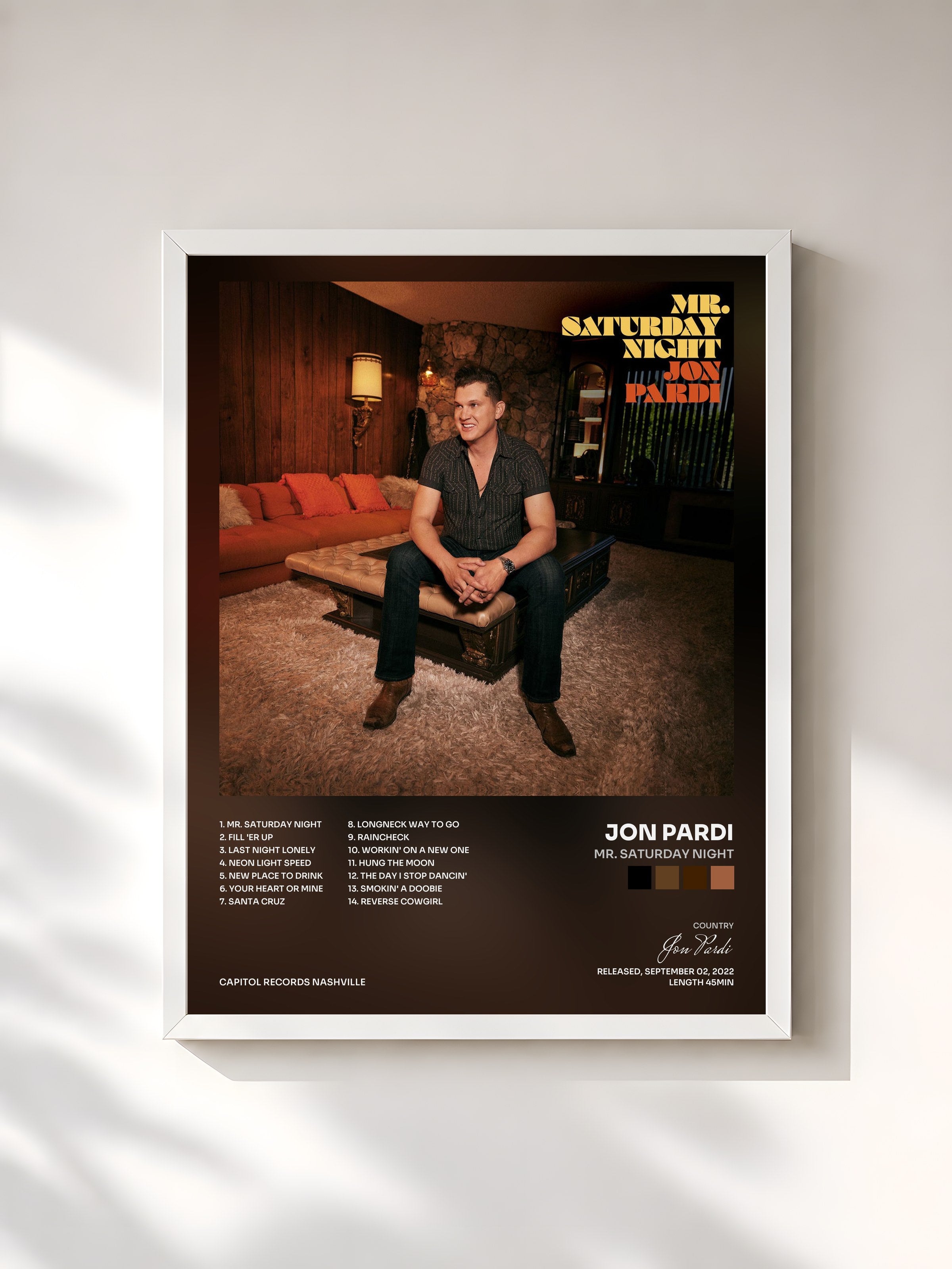 #blanc Tableau de l'album Mr. Saturday Night de Jon Pardi, cadre blanc, imprimé et encadré en France