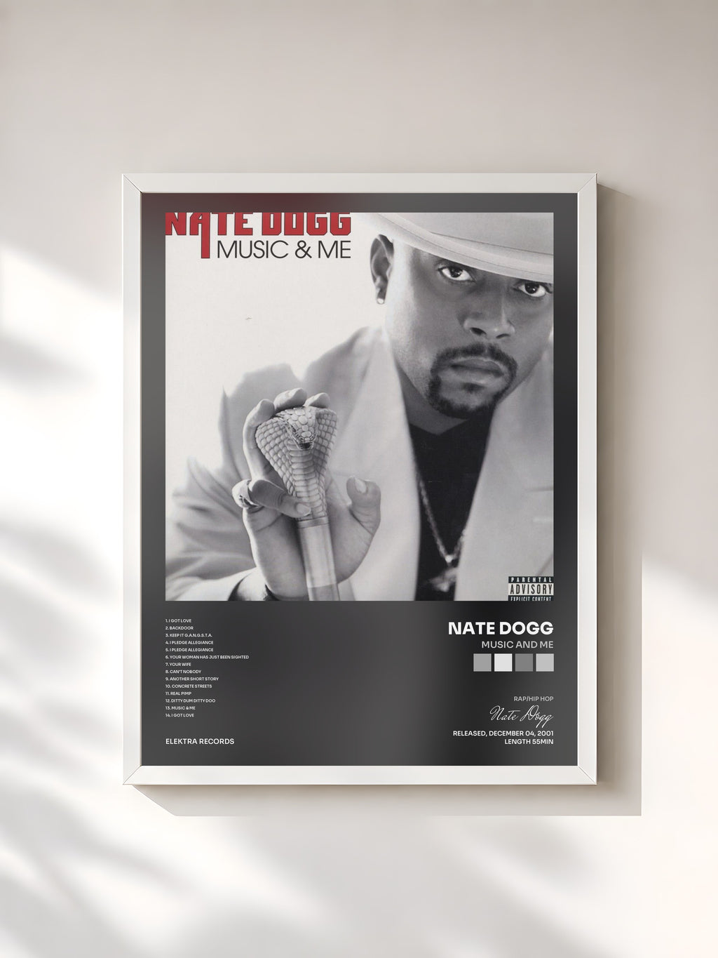 #blanc Tableau de l'album Music and Me de Nate Dogg, cadre blanc, imprimé et encadré en France