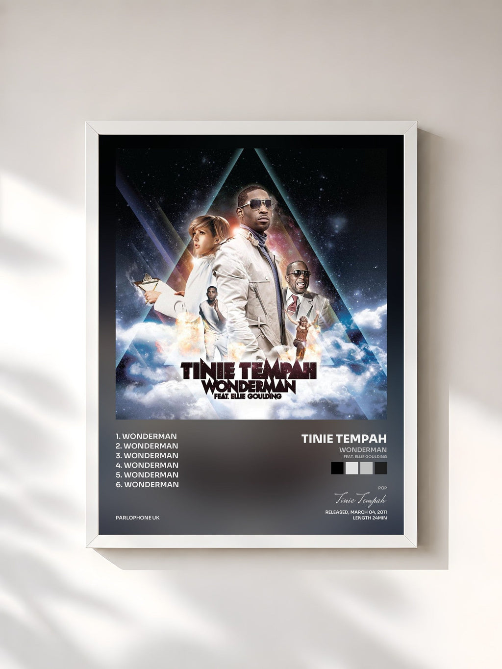 #blanc Wonderman (feat. Ellie Goulding) di Tinie Tempah in stampa incorniciata, cornice bianca, stampata e incorniciata in Francia