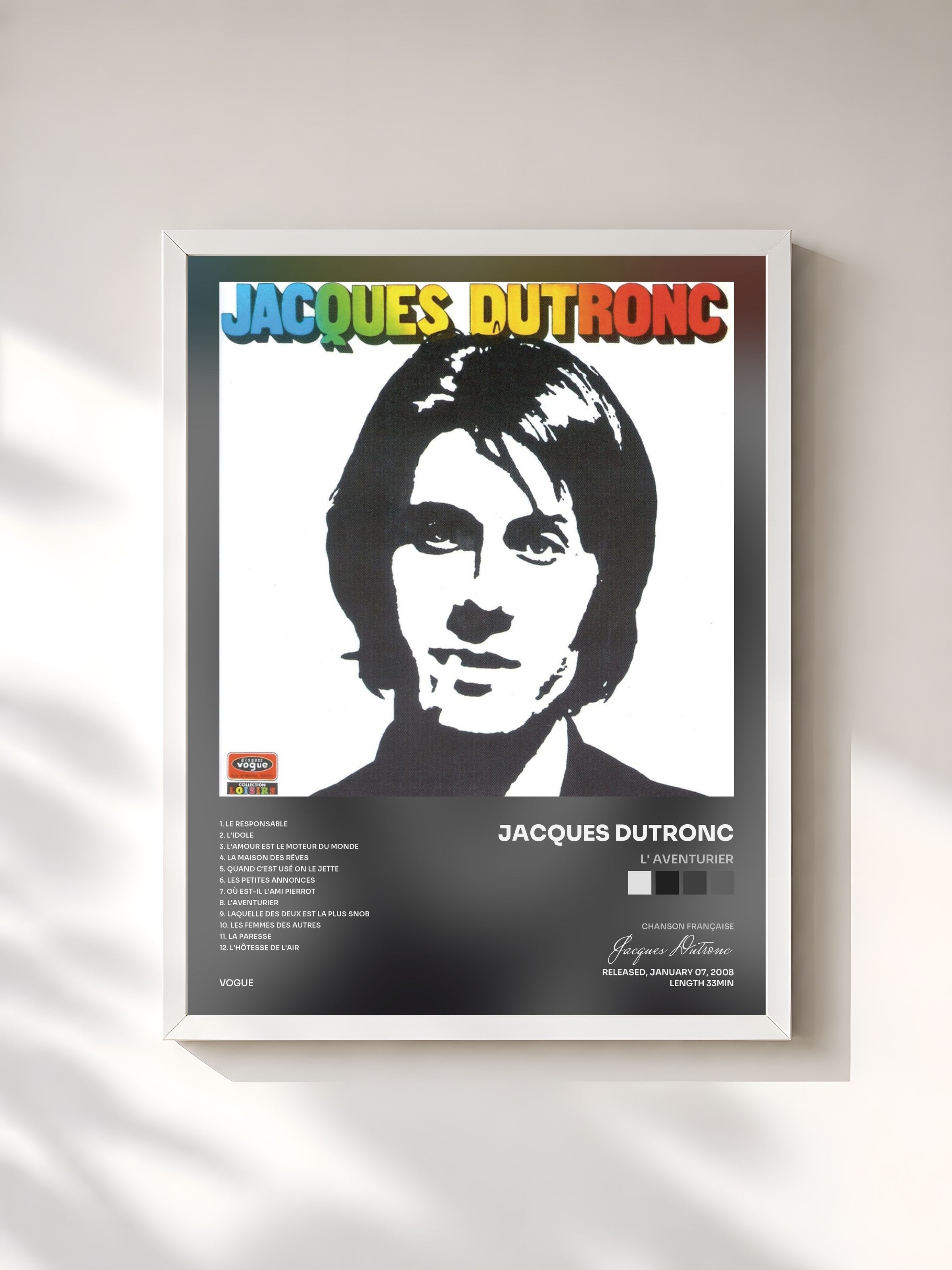 #blanc Tableau de l'album L' aventurier de Jacques Dutronc, cadre blanc, imprimé et encadré en France