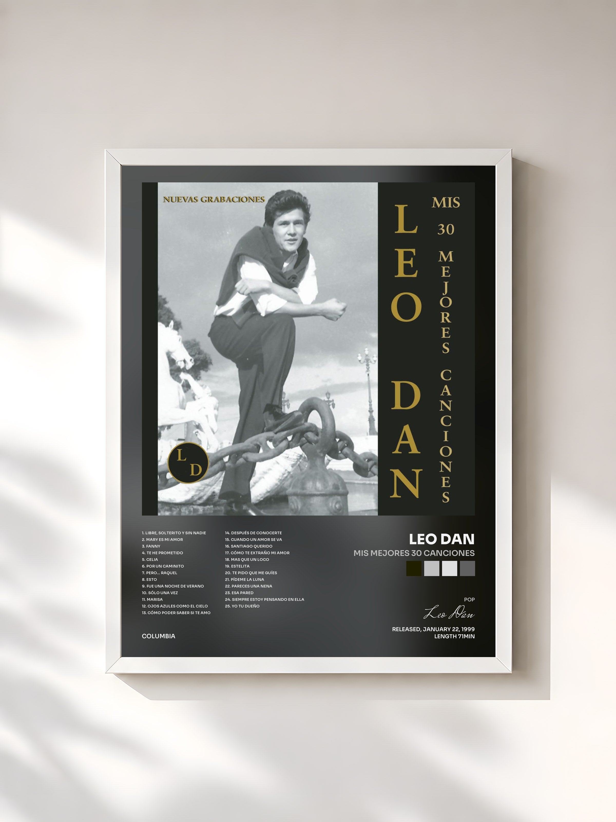 #blanc Tableau de l'album Mis Mejores 30 Canciones de Leo Dan, cadre blanc, imprimé et encadré en France
