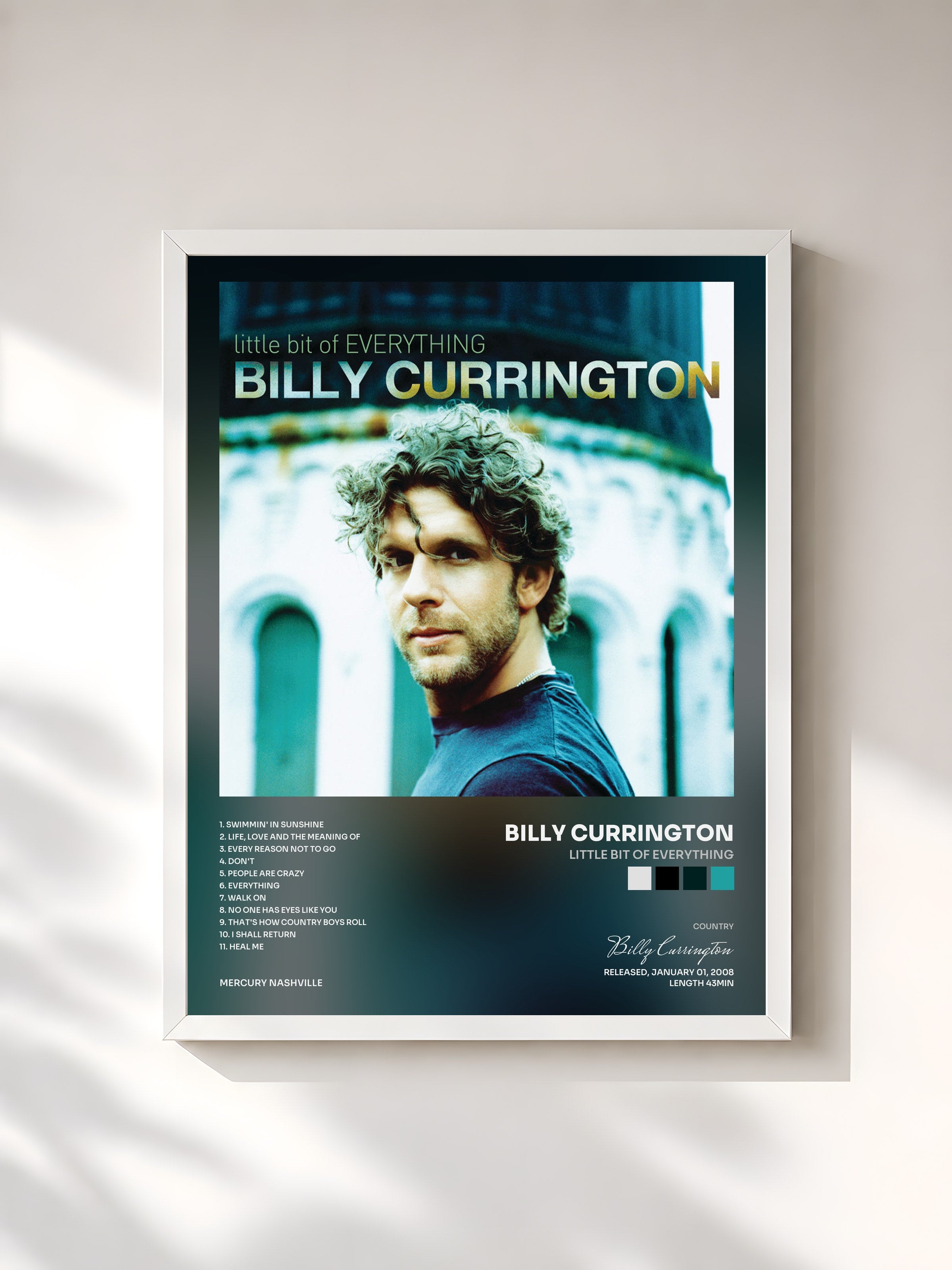 #blanc Tableau de l'album Little Bit Of Everything de Billy Currington, cadre blanc, imprimé et encadré en France