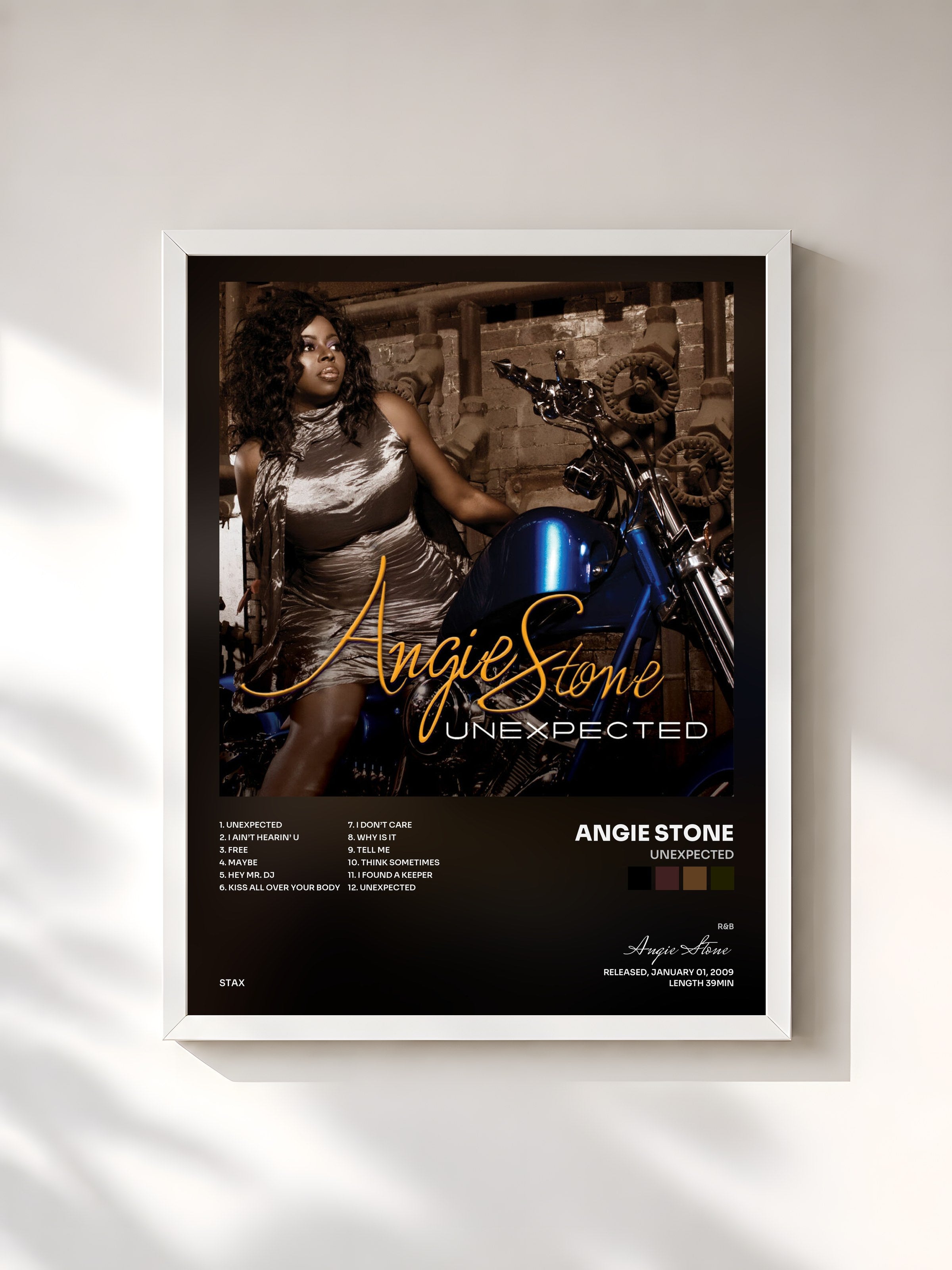 #blanc Tableau de l'album Unexpected de Angie Stone, cadre blanc, imprimé et encadré en France
