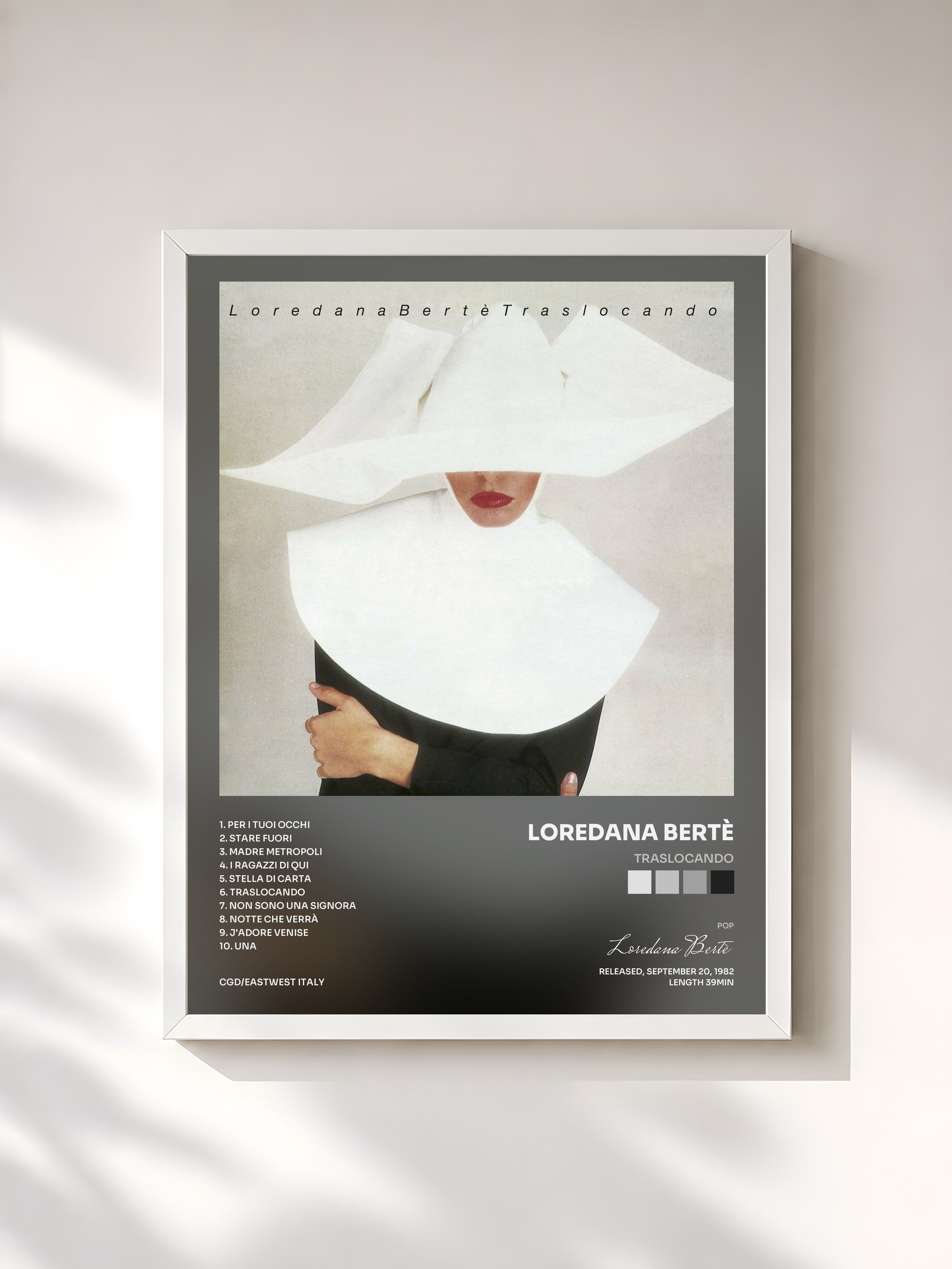 #blanc Tableau de l'album Traslocando de Loredana Bertè, cadre blanc, imprimé et encadré en France
